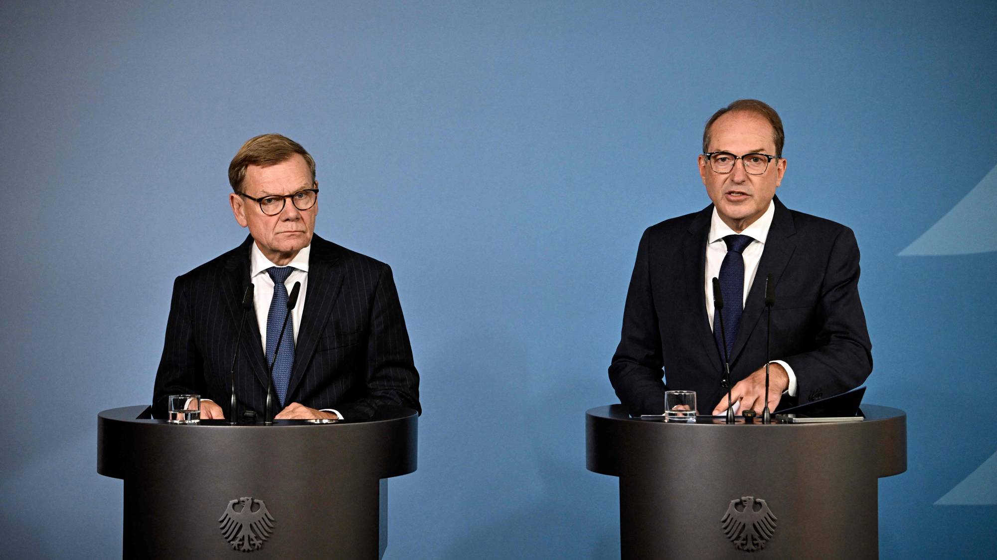German Interior Minister Alexander Dobrindt (R) and German Foreign Minister Johann Wadephul deliver a joint statement on national security, at the Interior Ministry in Berlin on September 1, 2026.