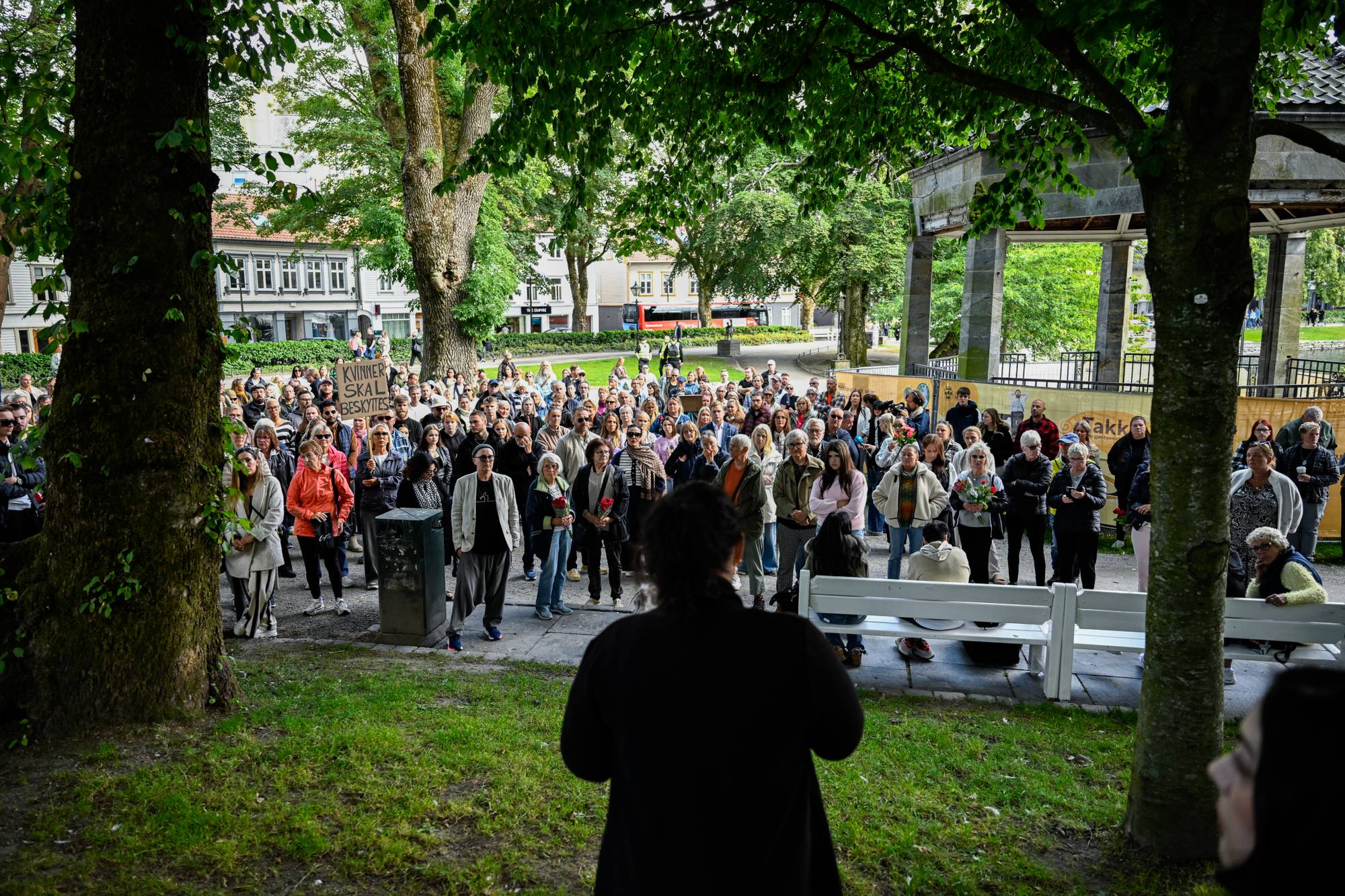 Menneskemengde samlet til markering i en park. En person holder et skilt med teksten Kvinners skal. (Bildebeskrivelsen er laget av en KI-tjeneste)