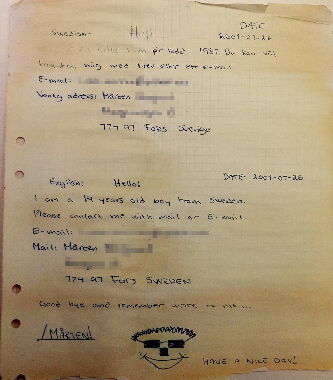 Flaskepost fra svenske Mårten, sendt i juli 2001. Han skriver blant annet