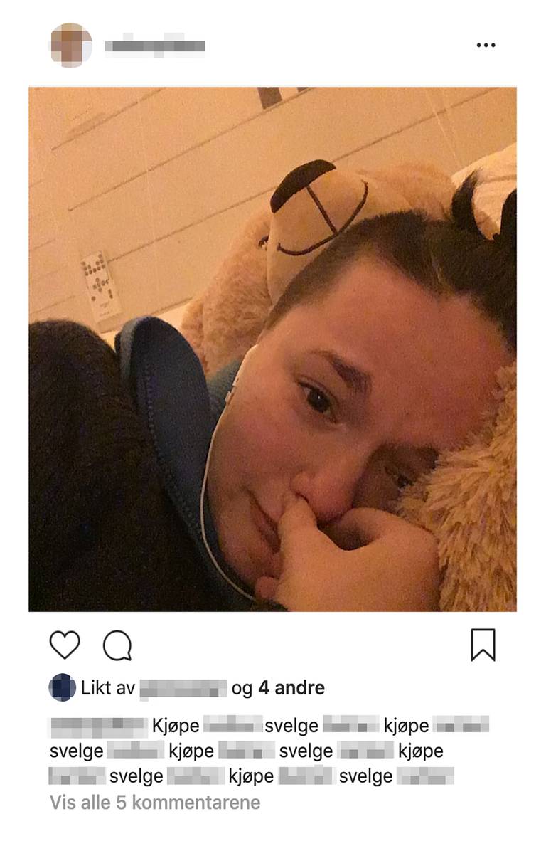 Instagram-bilde av ei gråtende jente som skriver "Kjøpe (sladdet) svelge (sladdet) Kjøpe (sladdet)"