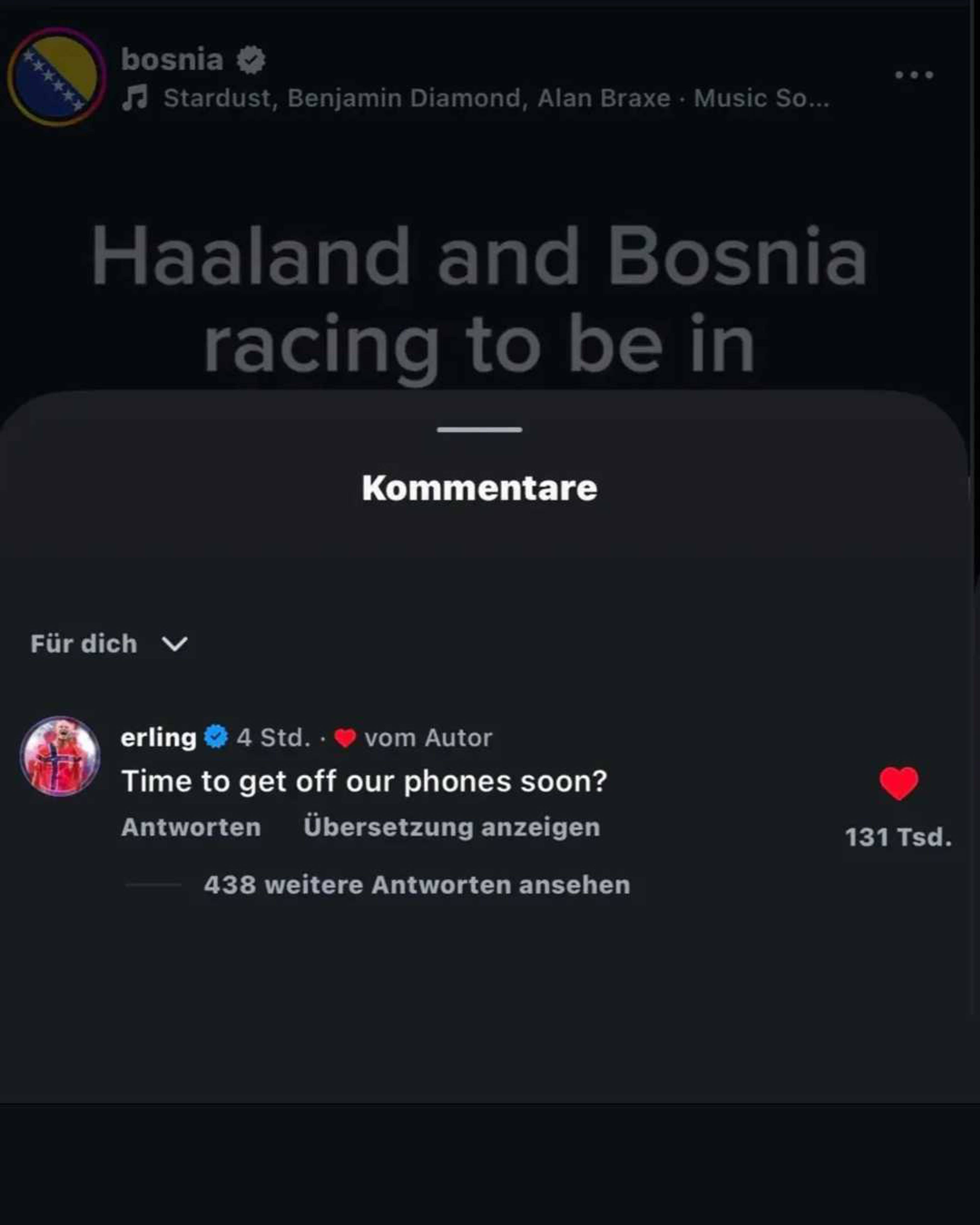 Bilde av at Haaland kommenterer på en Instagrampost