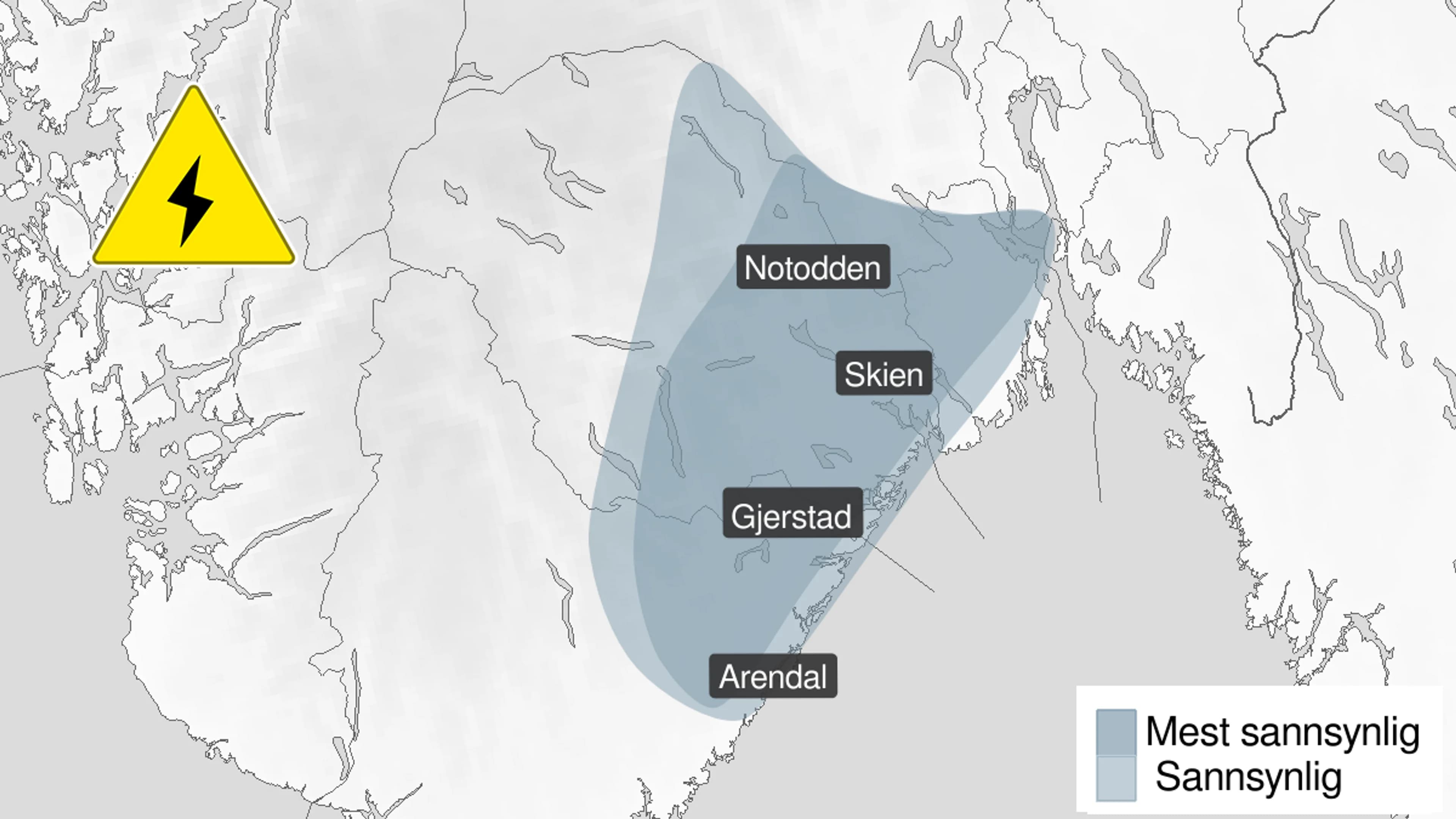 kart som viser områdene i Agder, Telemark og Vestfold der det er varslet om lyn og torden