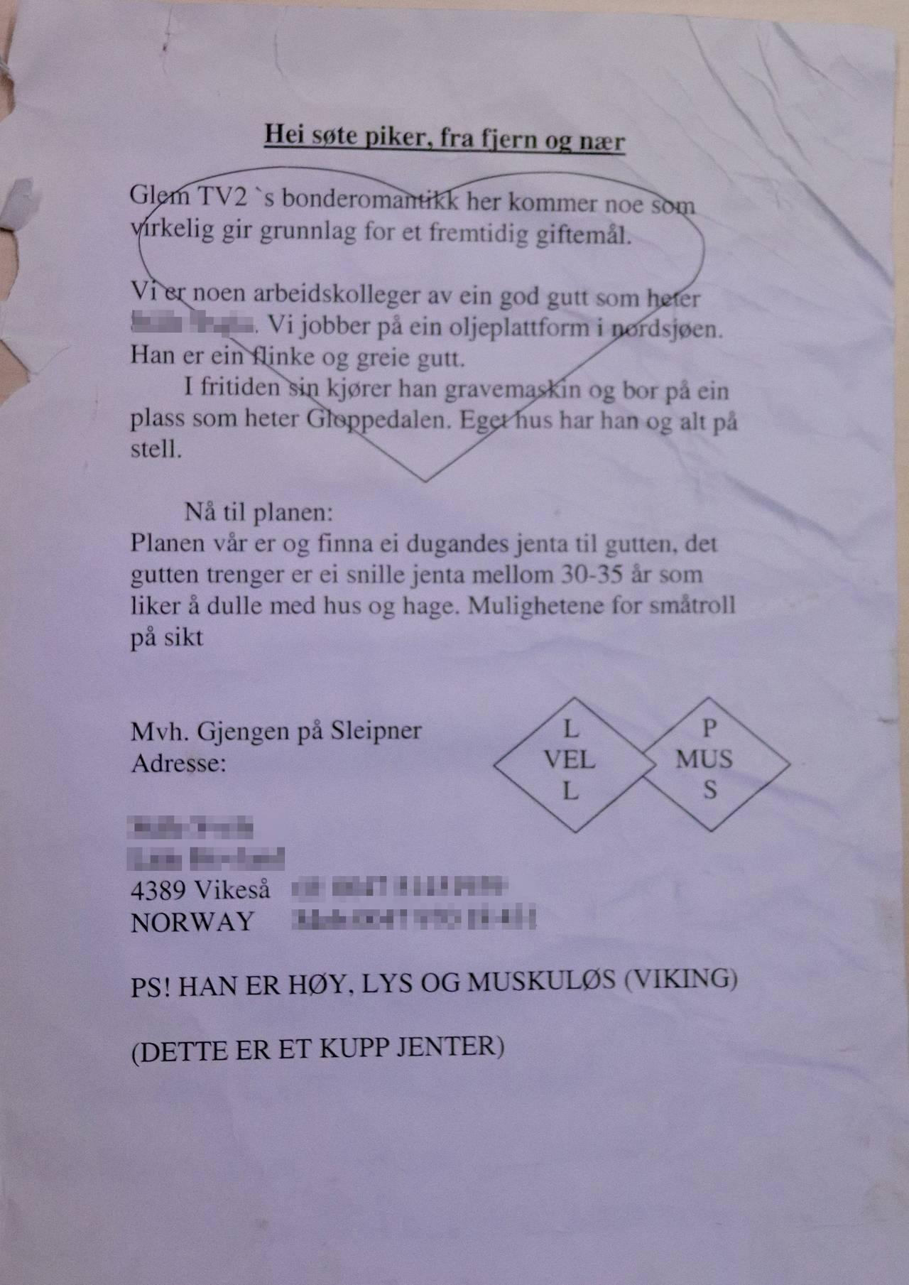 Flaskepost fra oljeplattform i Nordsjøen. De skriver blant annet