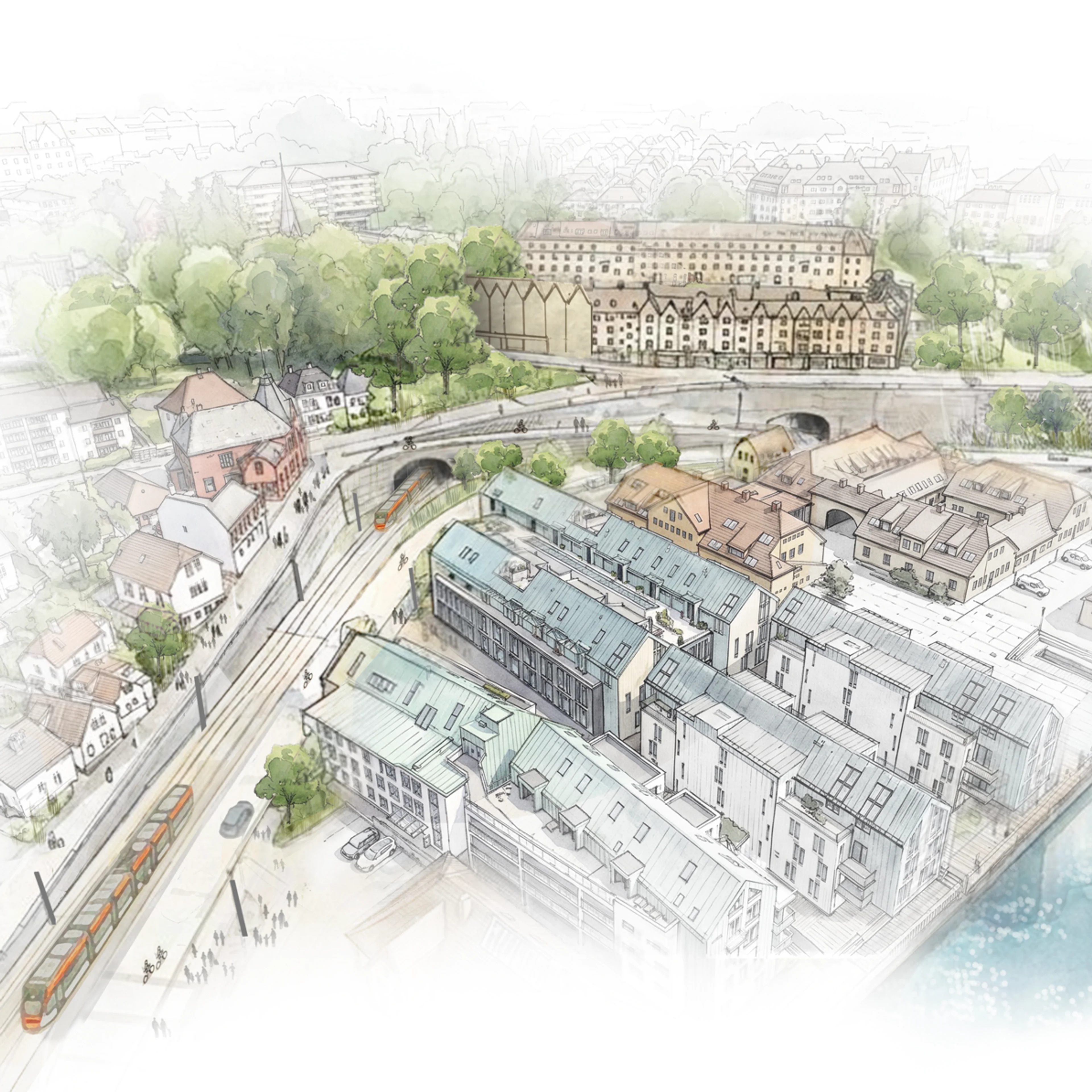 Illustrasjonsteikning av planlagd bybanetrase frå Bergen sentrum til Åsane bydel: Sjøgaten
