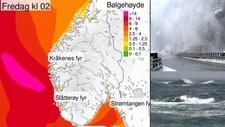 STERK VIND: Bildekombinasjon av Meteorologisk instiutts bølgevarsel det nærmste døgnet, og fotografier fra kysten på Sørlandet og Svartdalsfossen i Rogaland. 