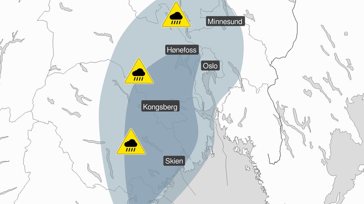 Østlandet: Gult farevarsel for styrtregn søndag