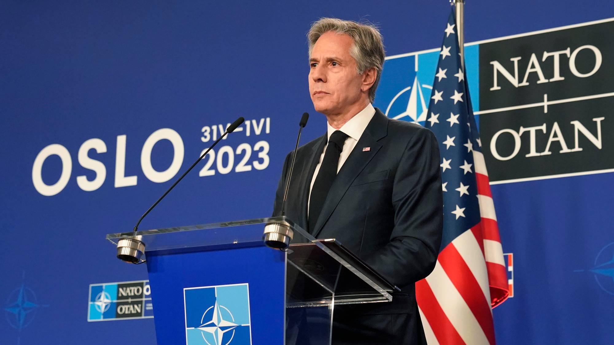 USAs utenriksminister Antony Blinken møter pressen etter NATO-møte i Oslo.
