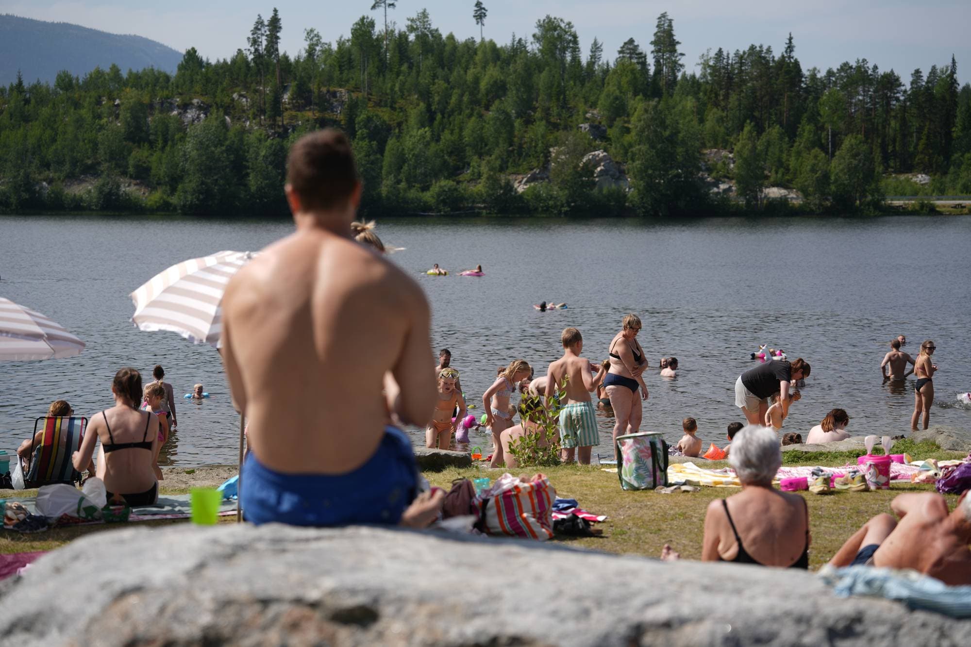 Folk bader og soler seg ved et vann en solfylt dag. En person sitter i forgrunnen med ryggen til. (Bildebeskrivelsen er laget av en KI-tjeneste)