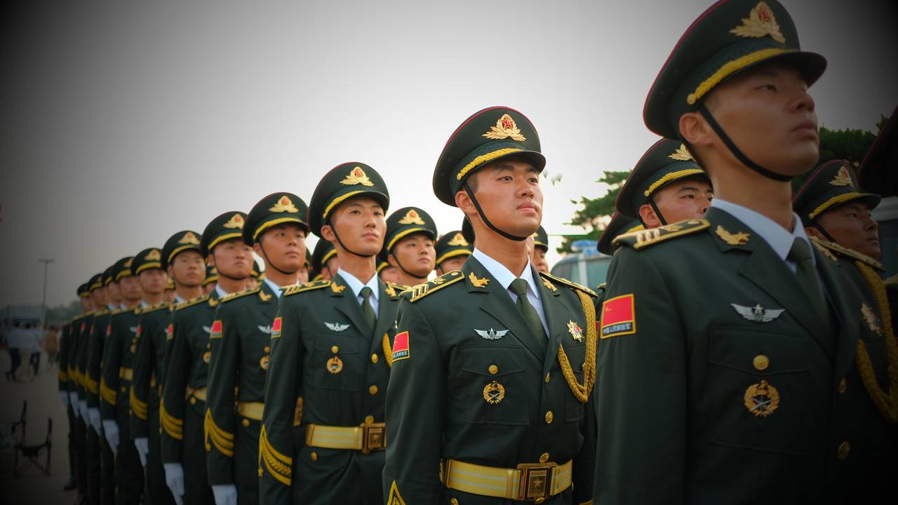Soldati cinesi fanno la guardia durante il centenario della fondazione del Partito Comunista Cinese.  Pechino, 1 luglio 2021. 