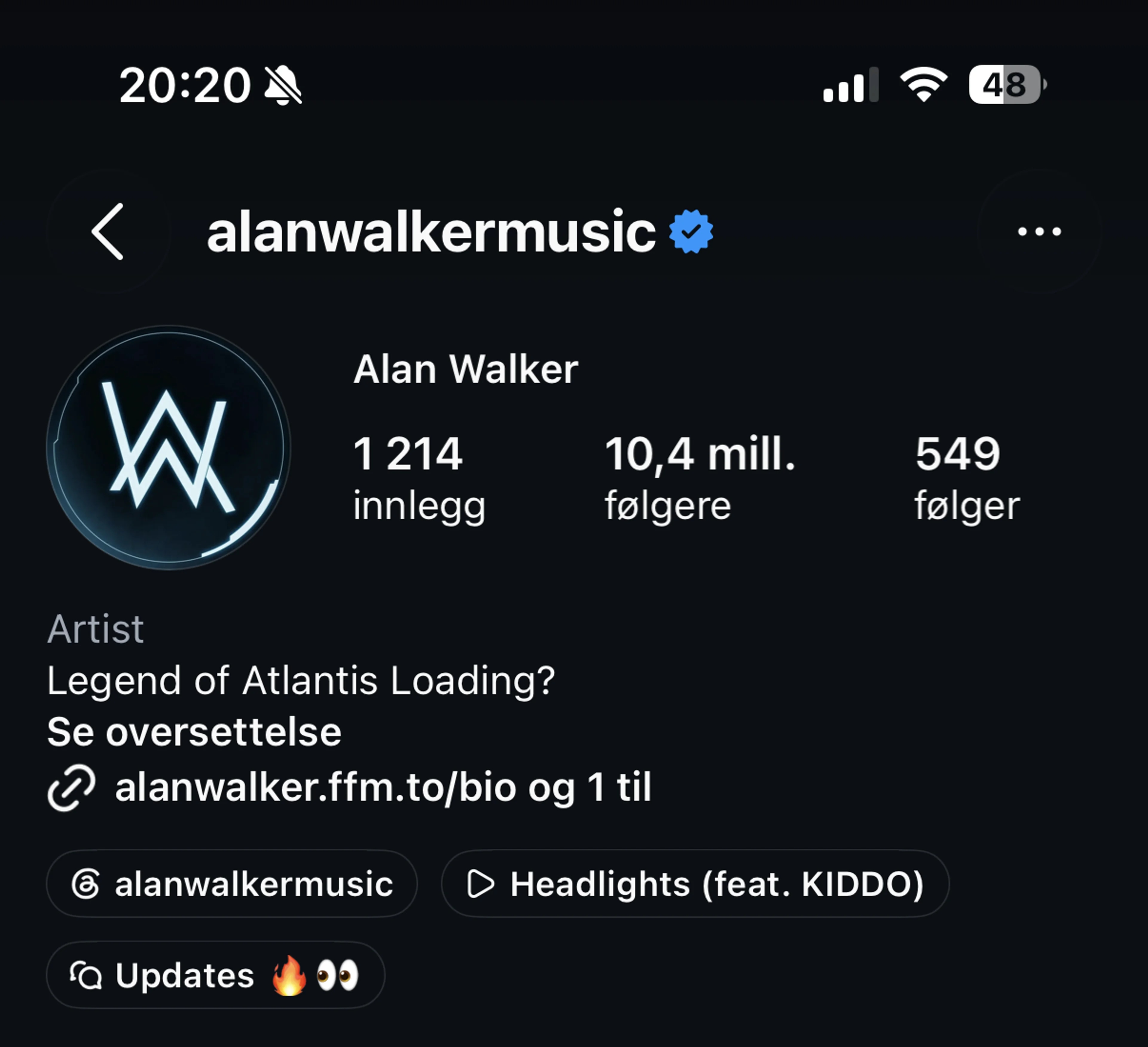 Skjermdump Instagram Alan Walker