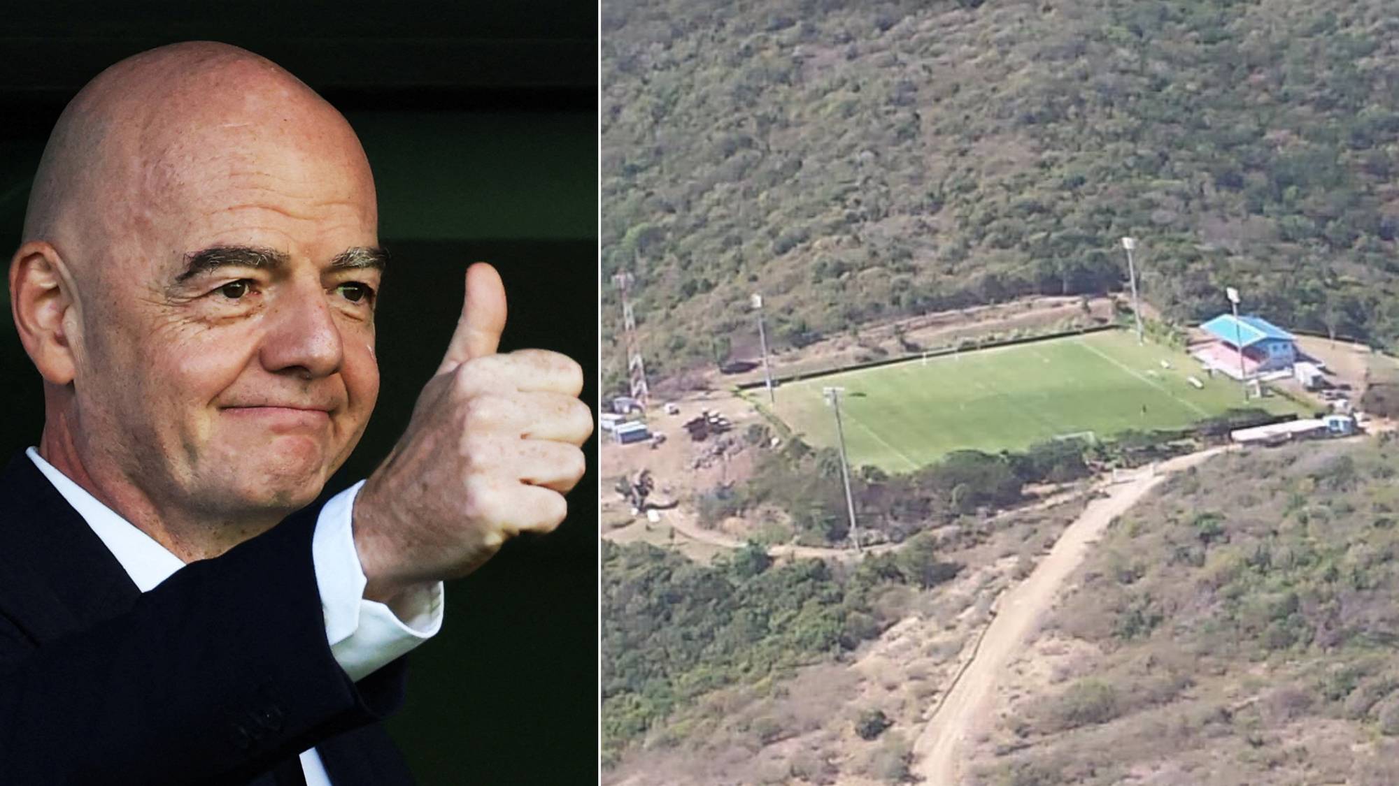 Bildekollasje som viser Infantino som gir tommel opp og et bilde av den eneste fotballbanen på Montserrat. 