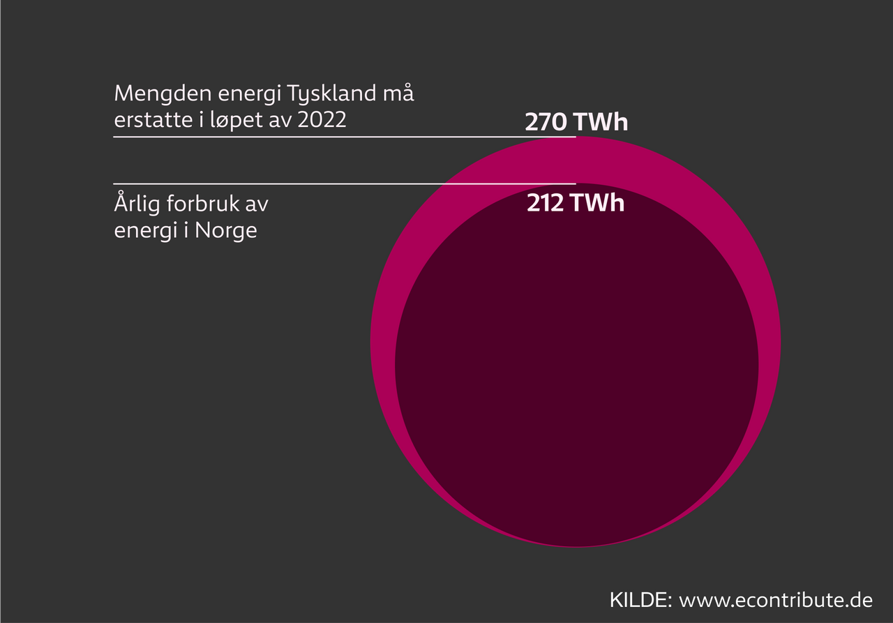 Grafikk som viser mengden energi Tyskland må erstatte i løpet av 2022. Det er totalt på 27 terrawatt som tilsier litt mer en hele Norges energi forbruk i året.