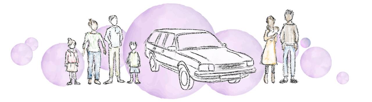 Illustrazione di diverse famiglie in piedi attorno a un'auto, con bolle viola come sfondo.