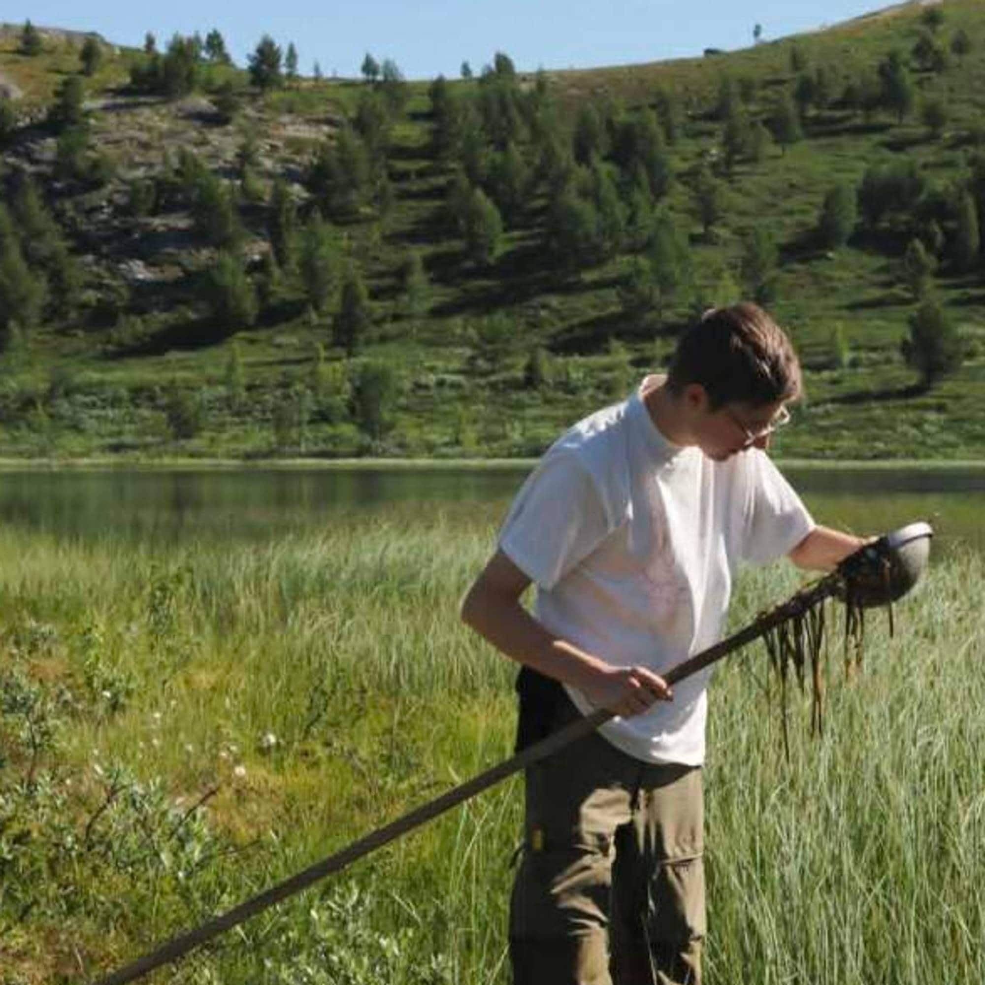 Entomologen står i et siv med en fiskestang i solen. 