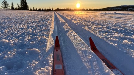 Bilde fra Sjusjøen med skitupper i skisporet.