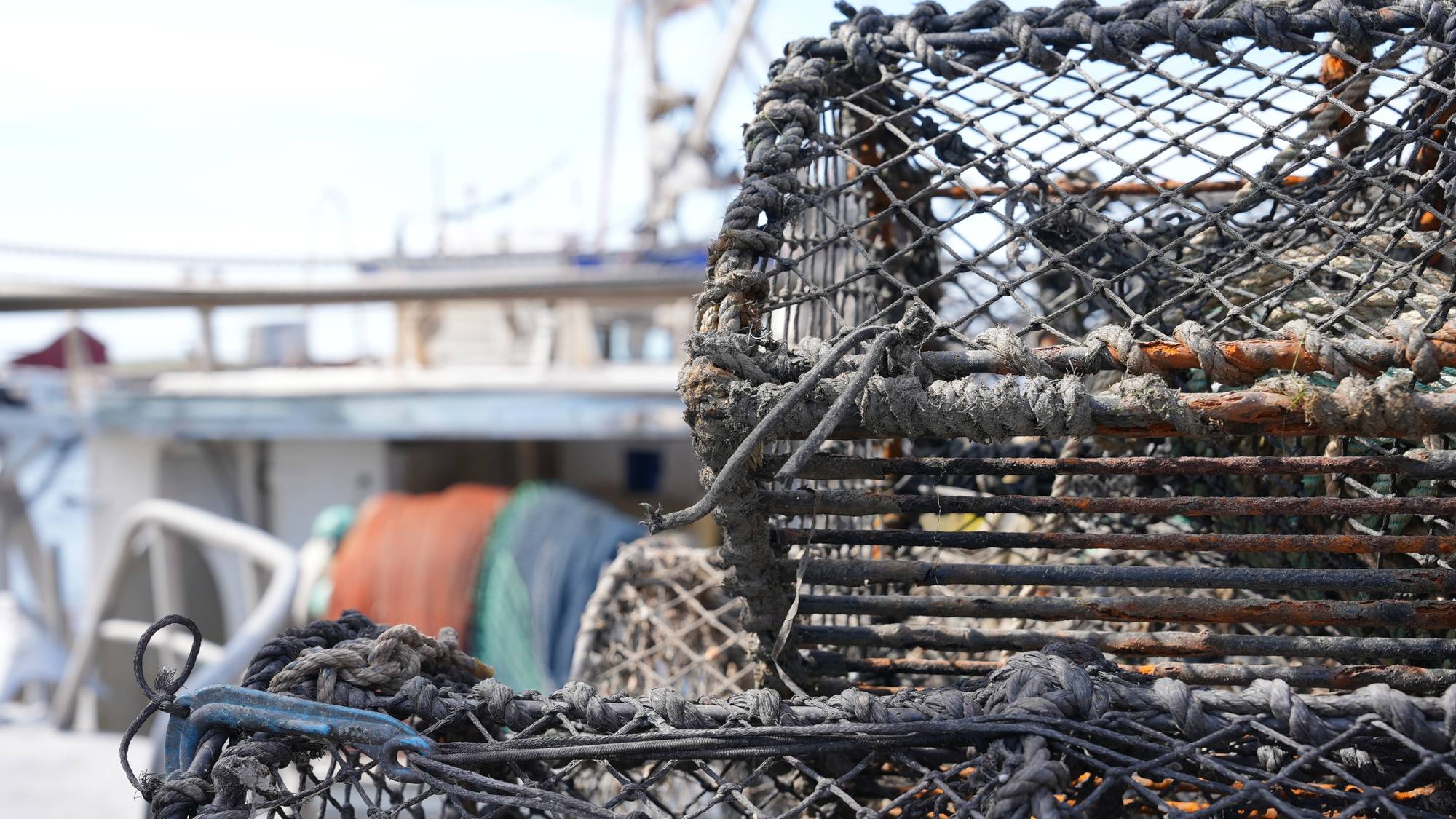 Rustne teiner ligger i forgrunnen med en fiskebåt i bakgrunnen. (Bildebeskrivelsen er laget av en KI-tjeneste)