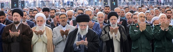 In this photo released by an official website of the office of the Iranian supreme leader Supreme Leader Ayatollah Ali Khamenei leads Eid alFitr prayer marking the end of the Muslims holy fasting month of Ramadan in Tehran Iran Wednesday April 10 2024. Ayatollah Khamenei reiterated on Wednesday a promise to retaliate against Israel over the killings of Iranian generals in Syria. 