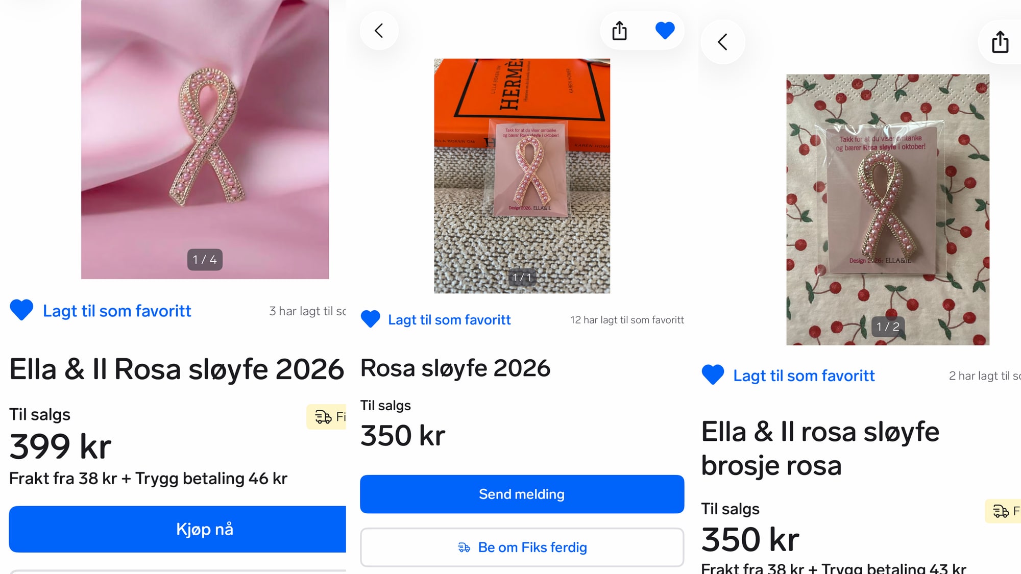 Rosa sløyfe selges på Finn. Skjermdumper av annonser. 