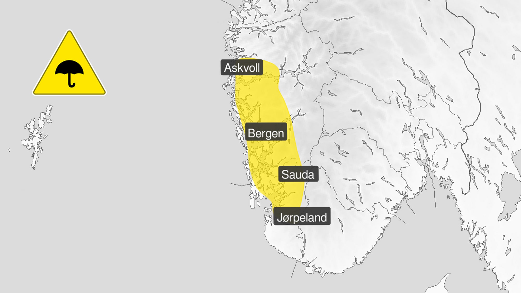 Kart som viser gult farevarsel for nedbør i Vestland og deler av Rogaland. 