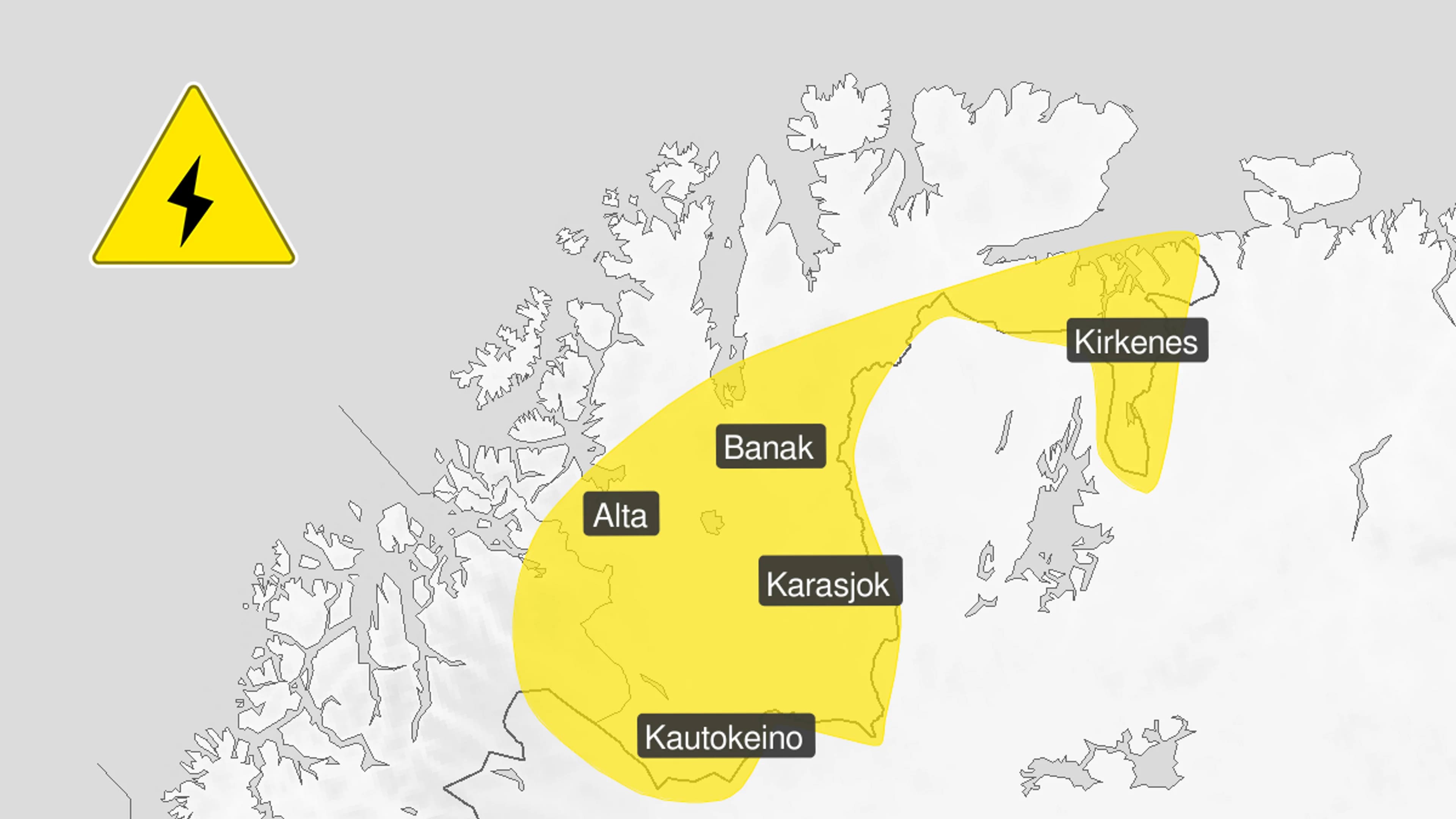 kart som viser områdene i Finnmark der det er fare for lyn