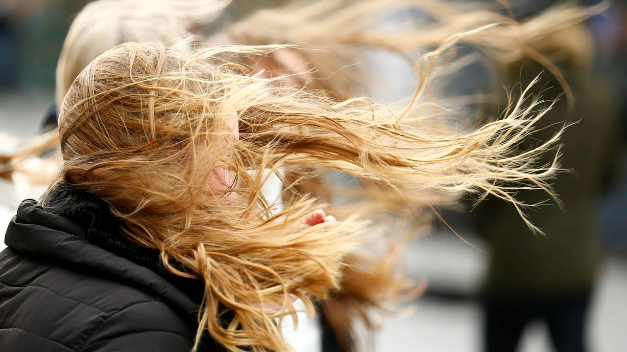 People walk through strong gusts of wind as storm Sabine is expected to hit the region in Cologne