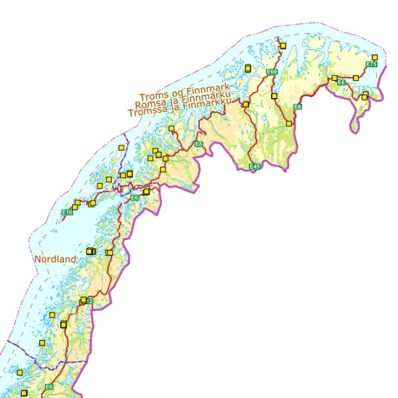 DSBs kart over offentlige tilfuktsrom i Nord-Norge.