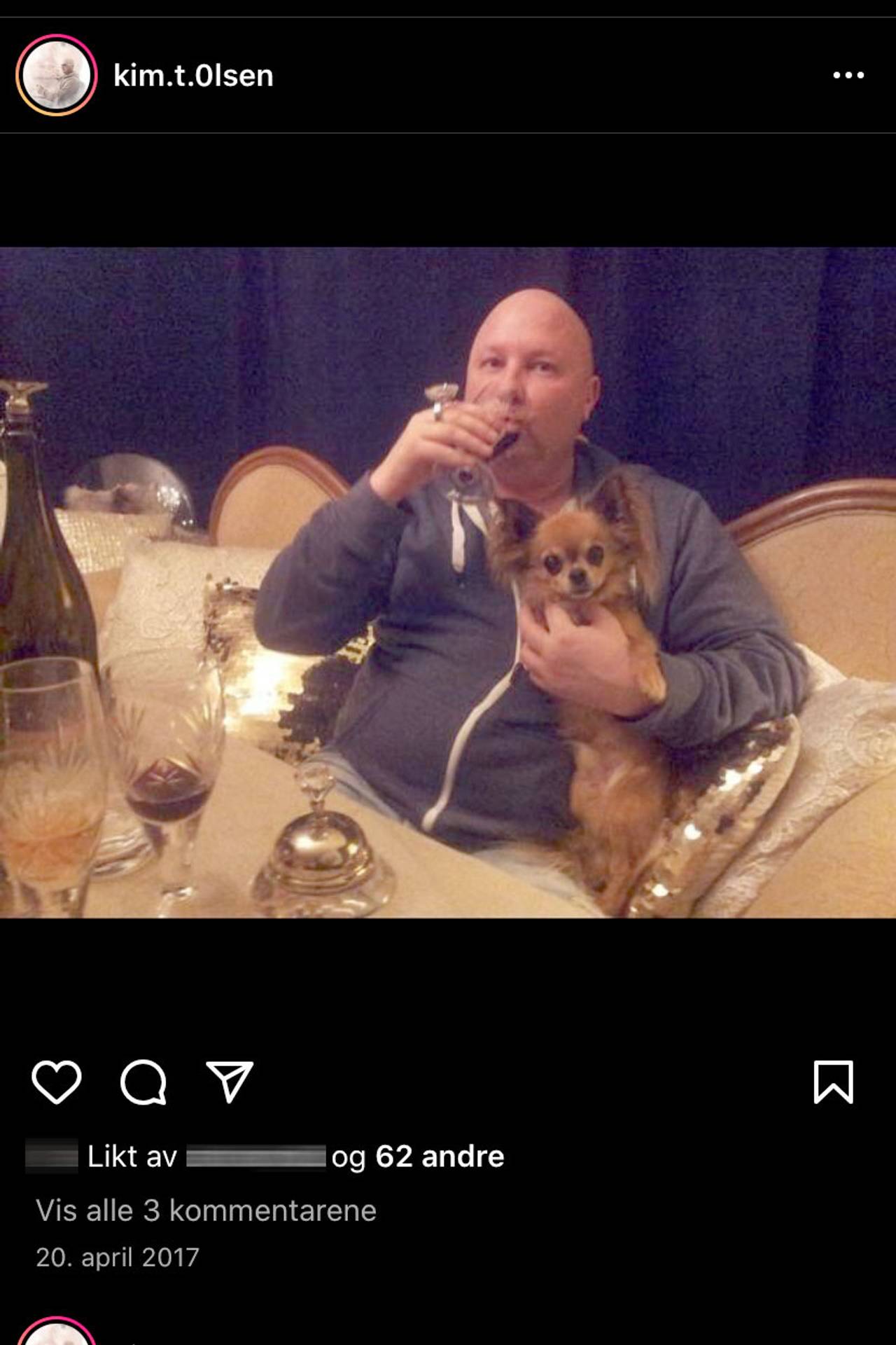 Skjermbilde fra Kims Instagram-profil. På bildet er Kim og en hund. 