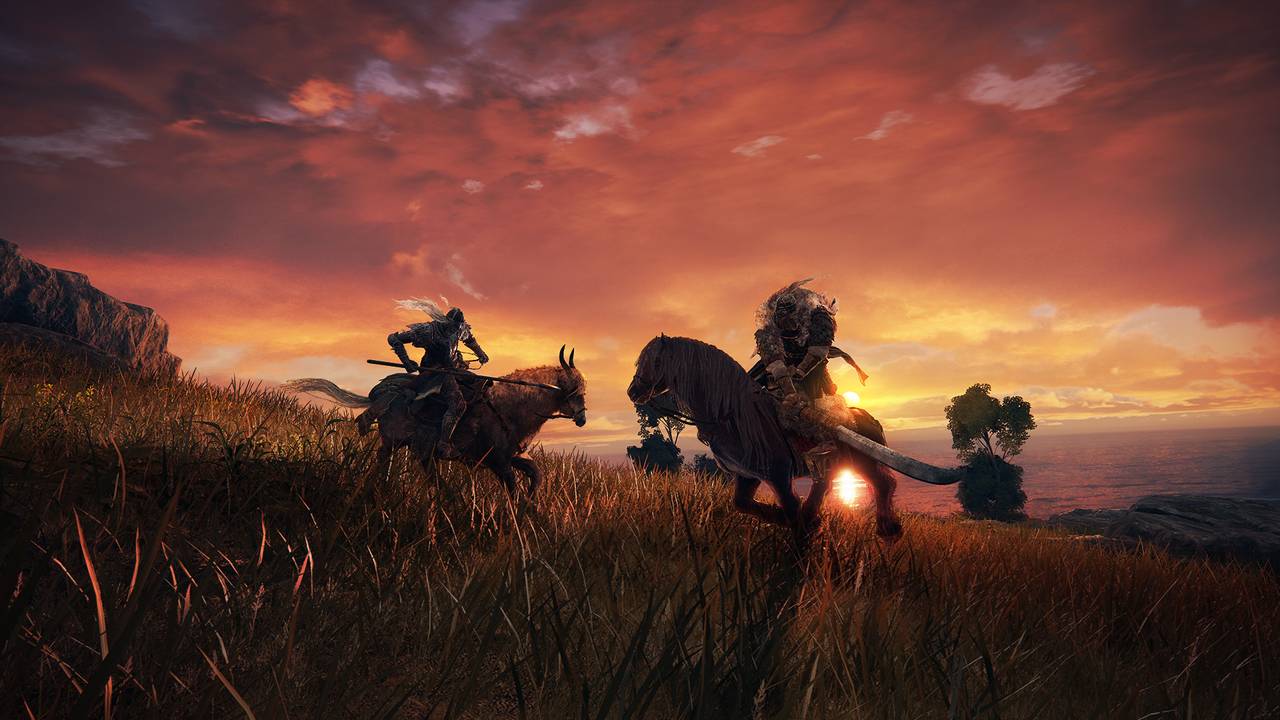 Utsnitt fra videospillet Elden Ring. Monster og to ryttere foran rosa himmel