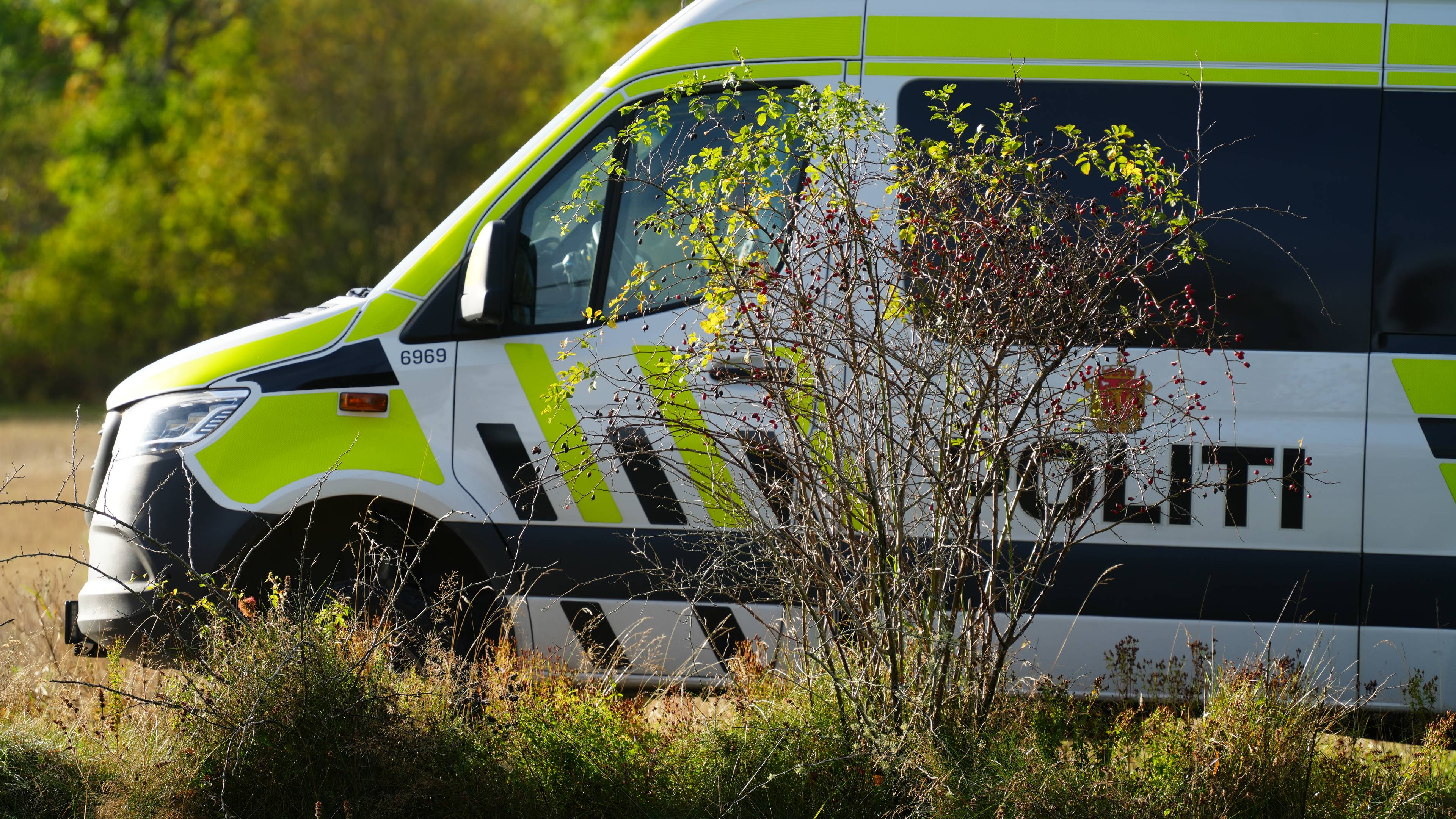 Norsk politibil parkert utendørs sett delvis bak en busk. (Bildebeskrivelsen er laget av en KI-tjeneste)