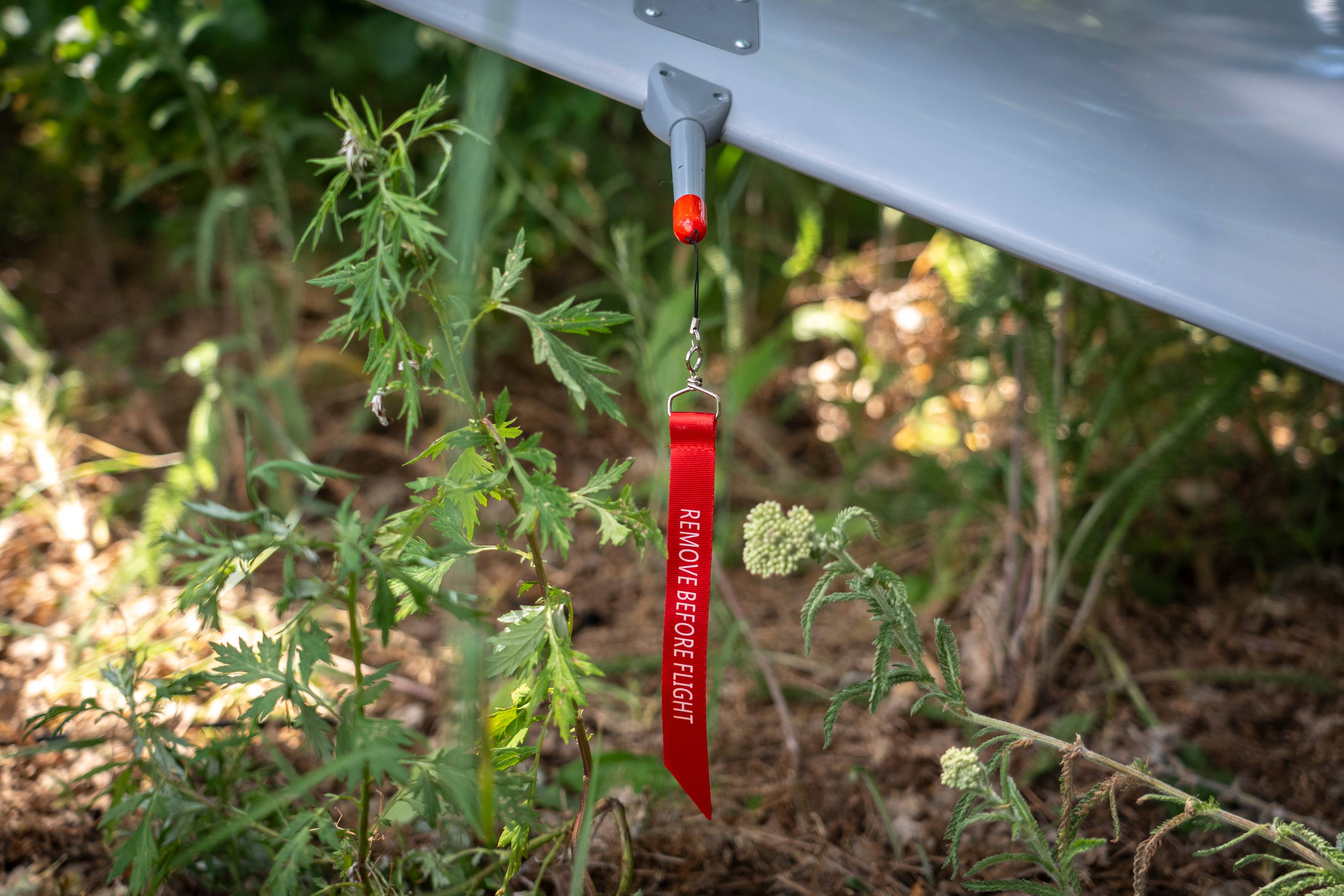 På vingen er det festet en liten gummitapp med påskriften "remove before flight".