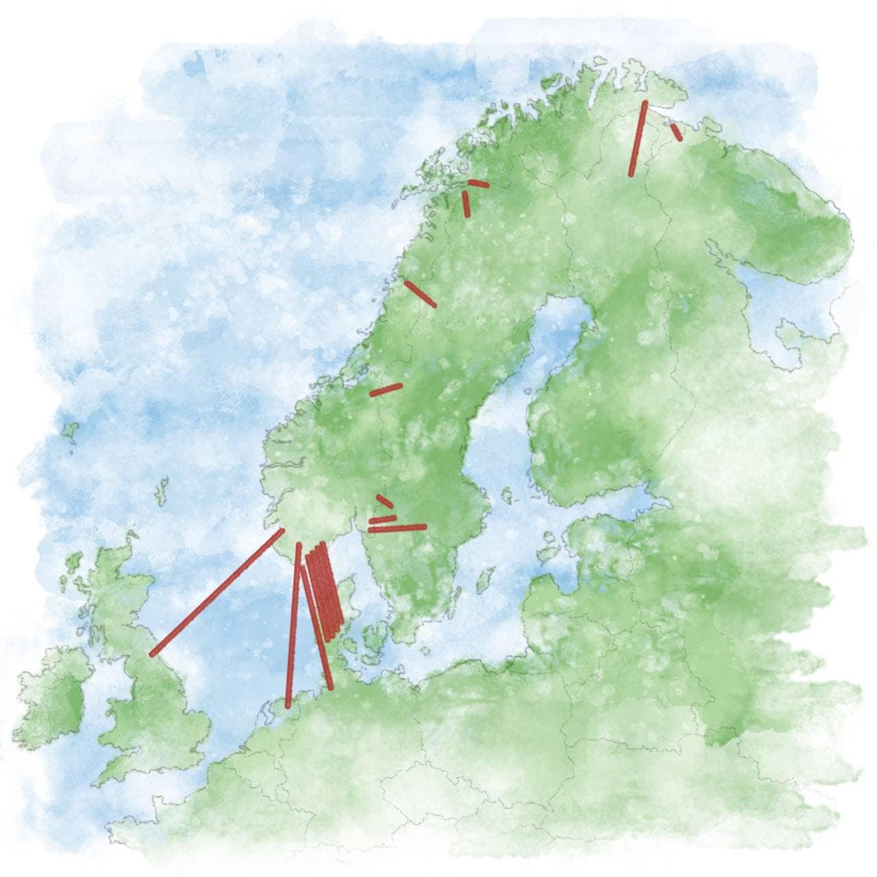Illustrasjon av Europakart. Strømkabler og ledninger mellom Norge og utlandet er tegnet inn. 
