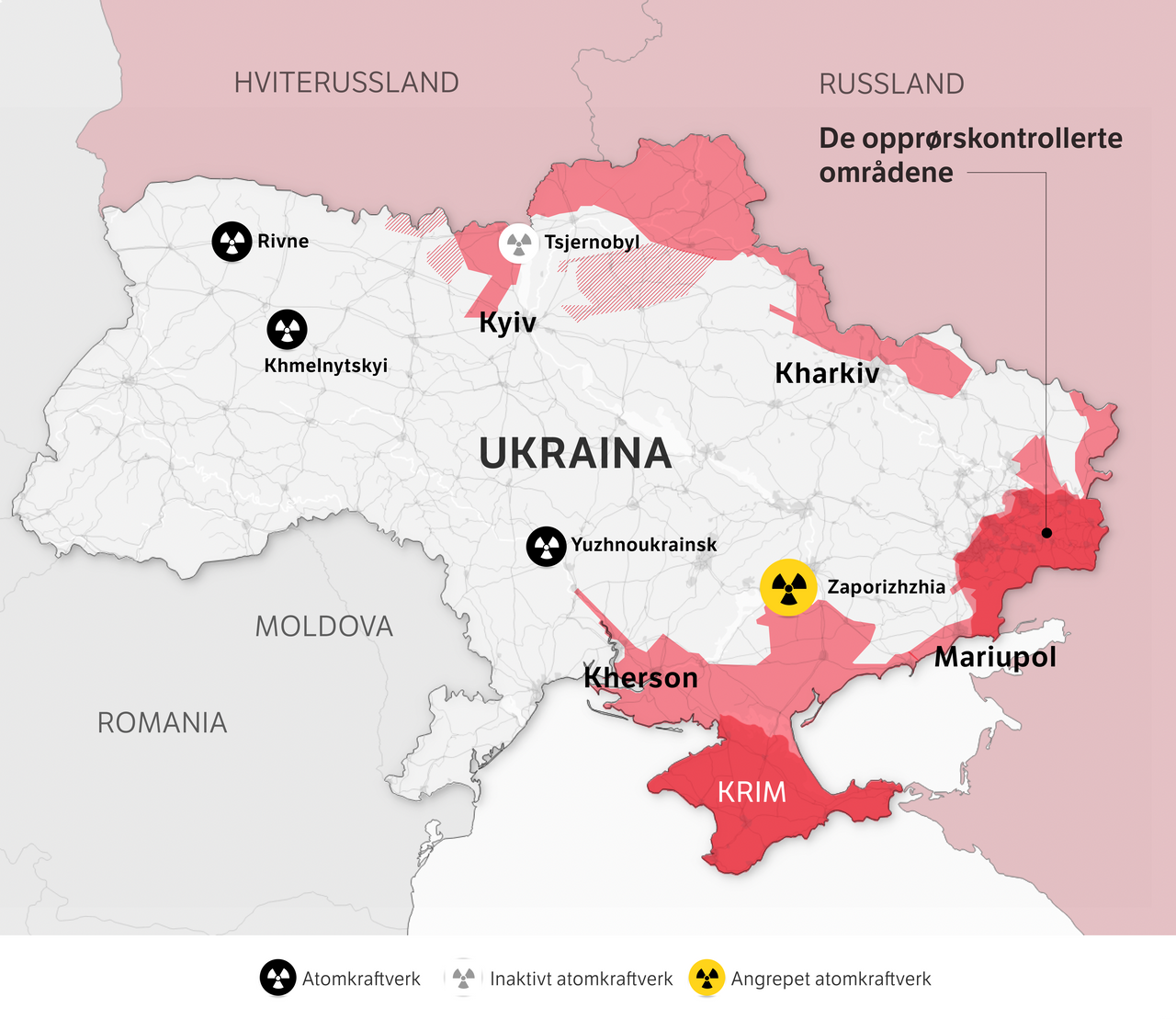Kart oversikt over atomkraftverk i Ukraina, inaktivt atomkraftverk og angrepet atomkraftverk