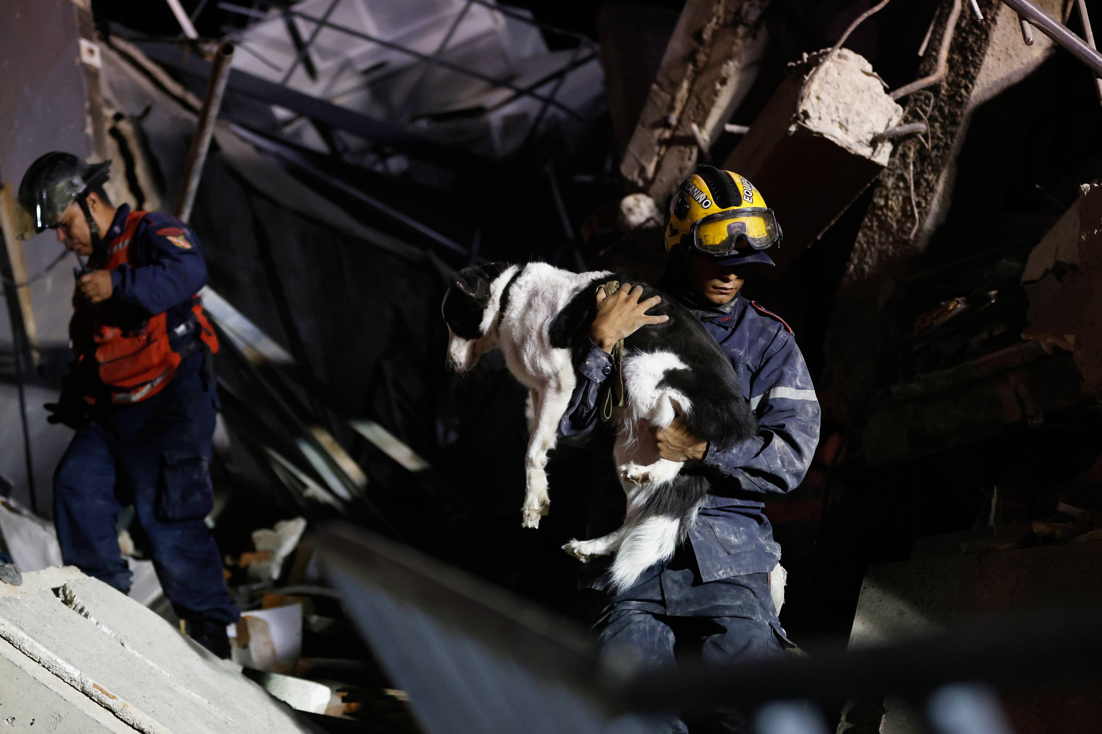 En brannmann i hjelm og verneutstyr bærer en hund. En annen brannmann står i bakgrunnen. De befinner seg i et ruvende, mørkt område med mye ødelagt bygningsmateriale. (Bildebeskrivelsen er laget av en KI-tjeneste)
