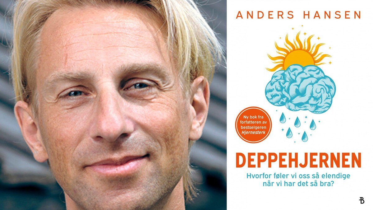Kombinasjon av forfatter Anders Hansen og omslaget til boka «Deppehjernen».