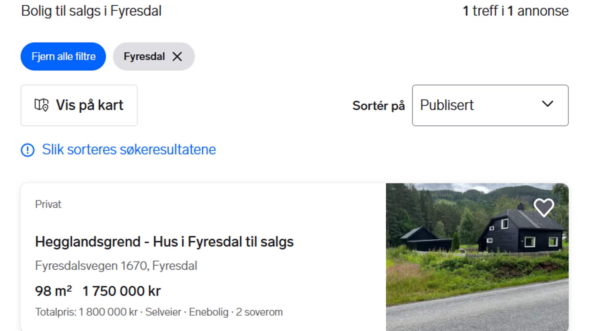 Et skjermbilde av et søk på bolig til salgs i Fyresdal. Søket viser ett treff; et hus i Hegglandsgrend på 98 kvadratmeter til 1750000kr.