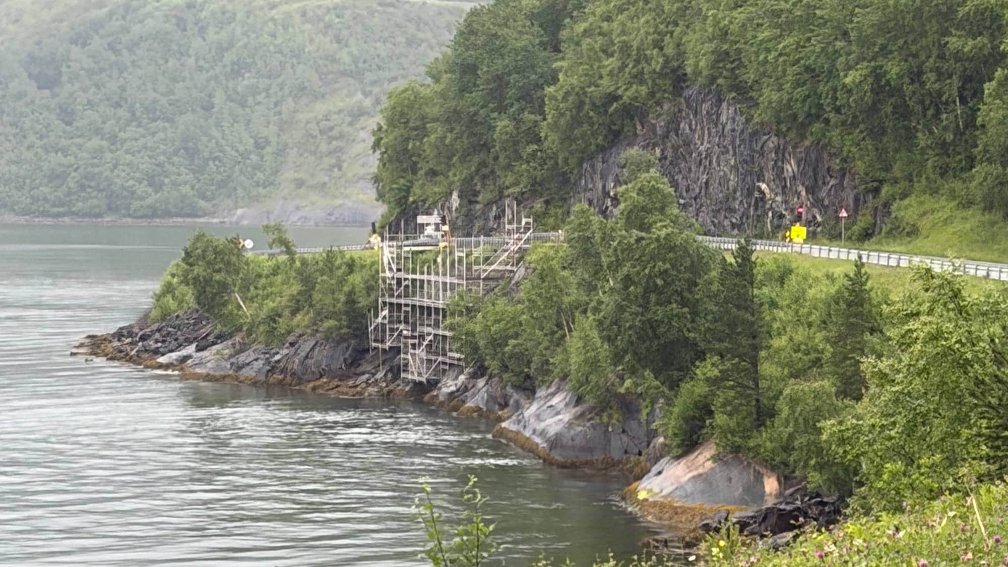 Veiarbeid med stillas ved en fjellside langs en fjord, sett fra en eng med blomster. (Bildebeskrivelsen er laget av en KI-tjeneste)