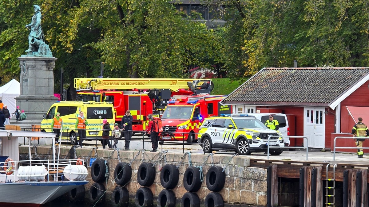 Politi, brannvesen og ambulanse ved en kai med en rød trebygning. Statuen av Tordenskjold står bak. (Bildebeskrivelsen er laget av en KI-tjeneste) FOTO: Mads Hensrud/Privat Politi, brannvesen og ambulanse ved en kai med en rød trebygning. Statuen av Tordenskjold står bak. (Bildebeskrivelsen er laget av en KI-tjeneste) FOTO: Mads Hensrud/Privat
