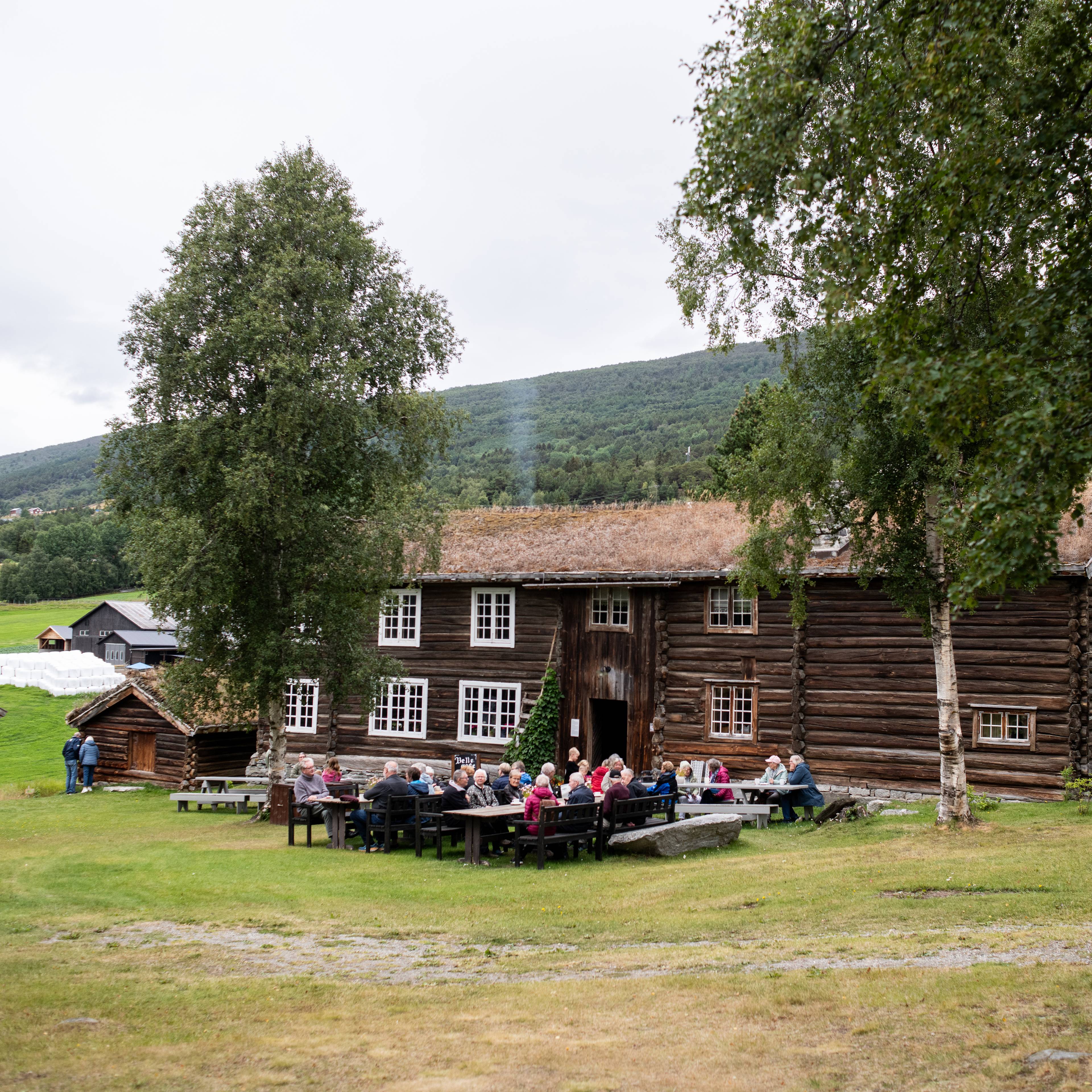 En gruppe mennesker sitter ved langbord utenfor et gammelt laftehus med torvtak.