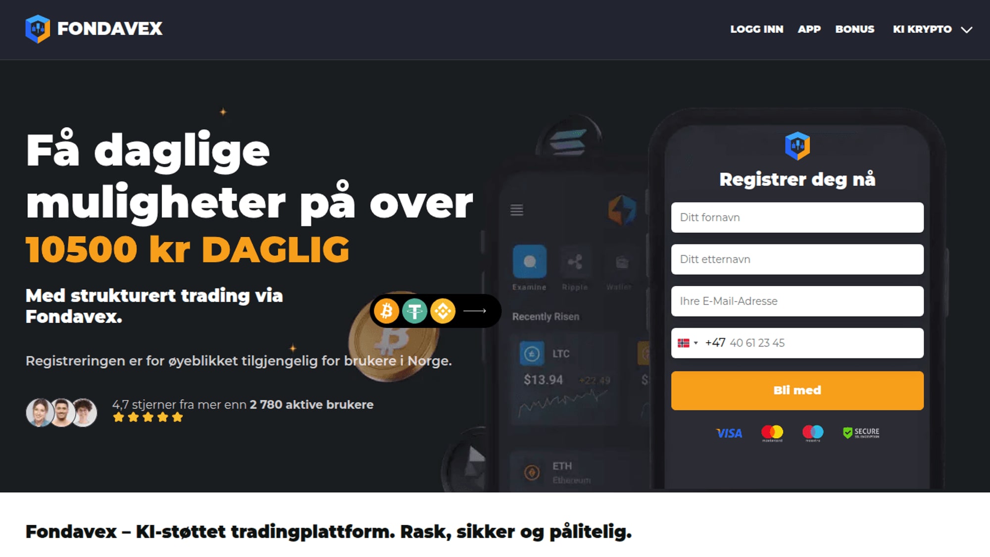 Viser nettside for investeringbedrageri. Benyttes til å innhente kontaktinformasjon. 
