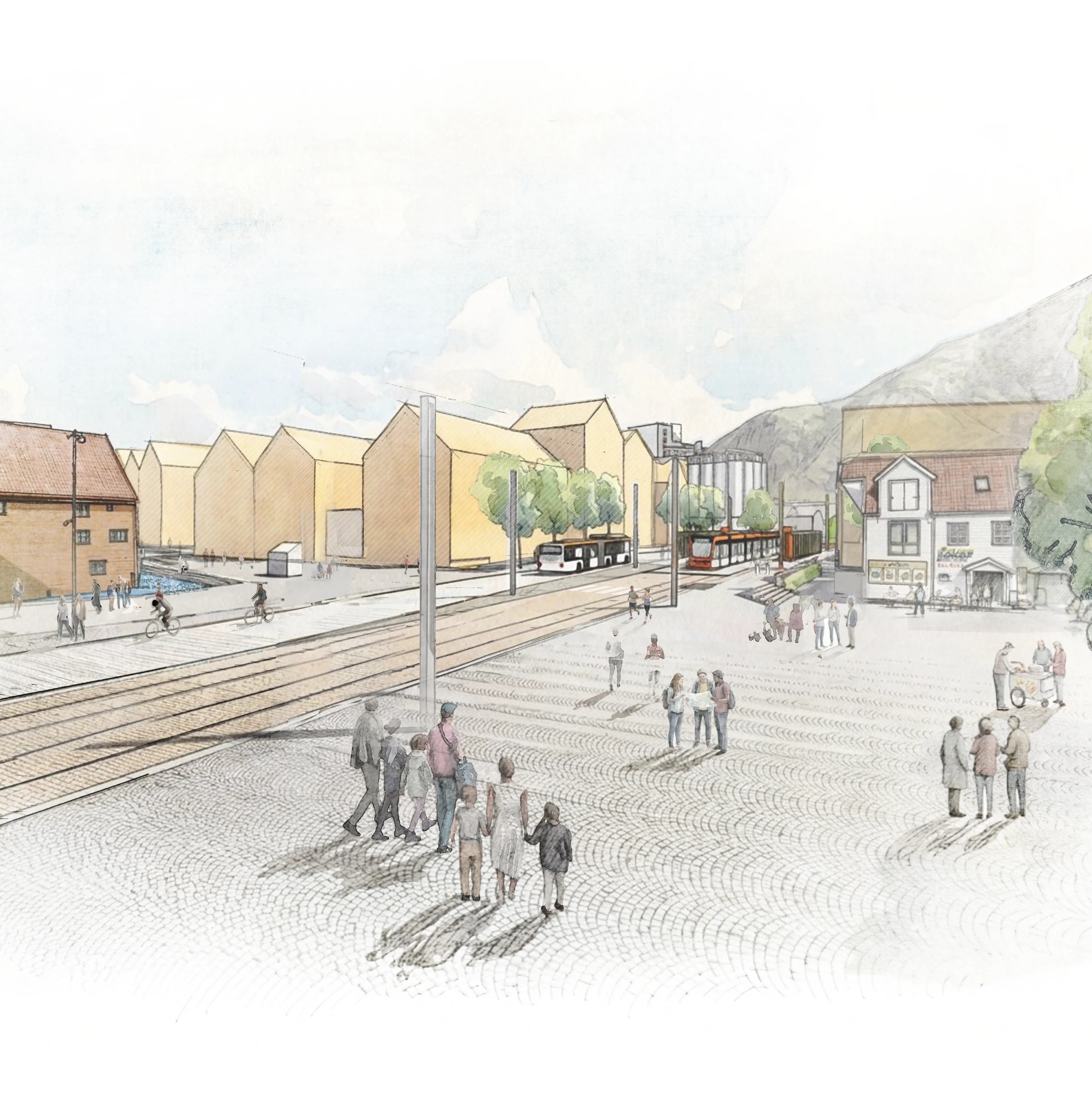 Illustrasjonsteikning av planlagd bybanetrase frå Bergen sentrum til Åsane bydel: Sandvikstorget