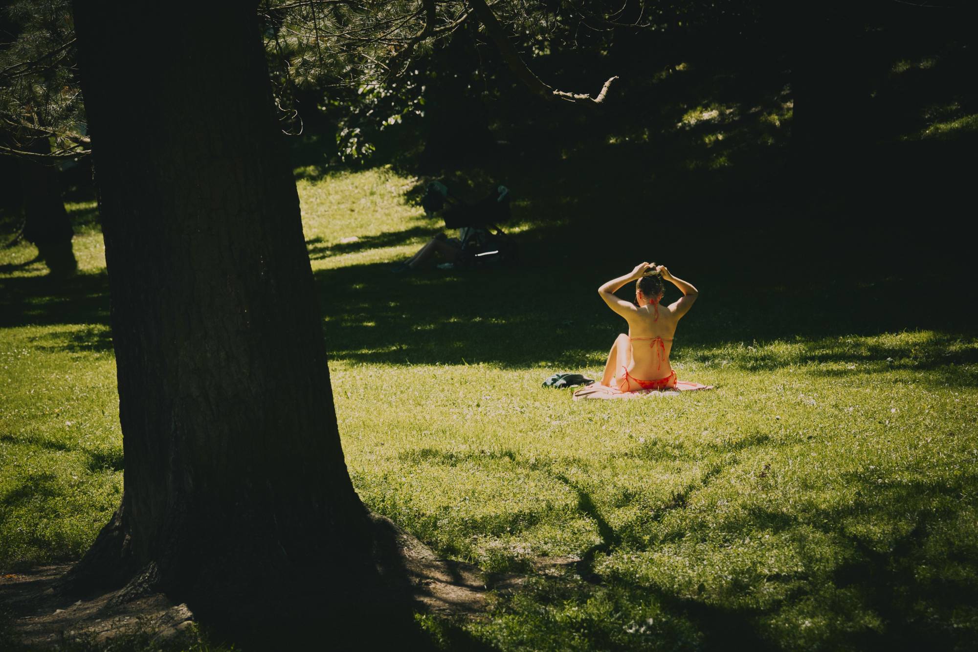 Kvinne i bikini sitter på et teppe i en solfylt park og setter opp håret. (Bildebeskrivelsen er laget av en KI-tjeneste)