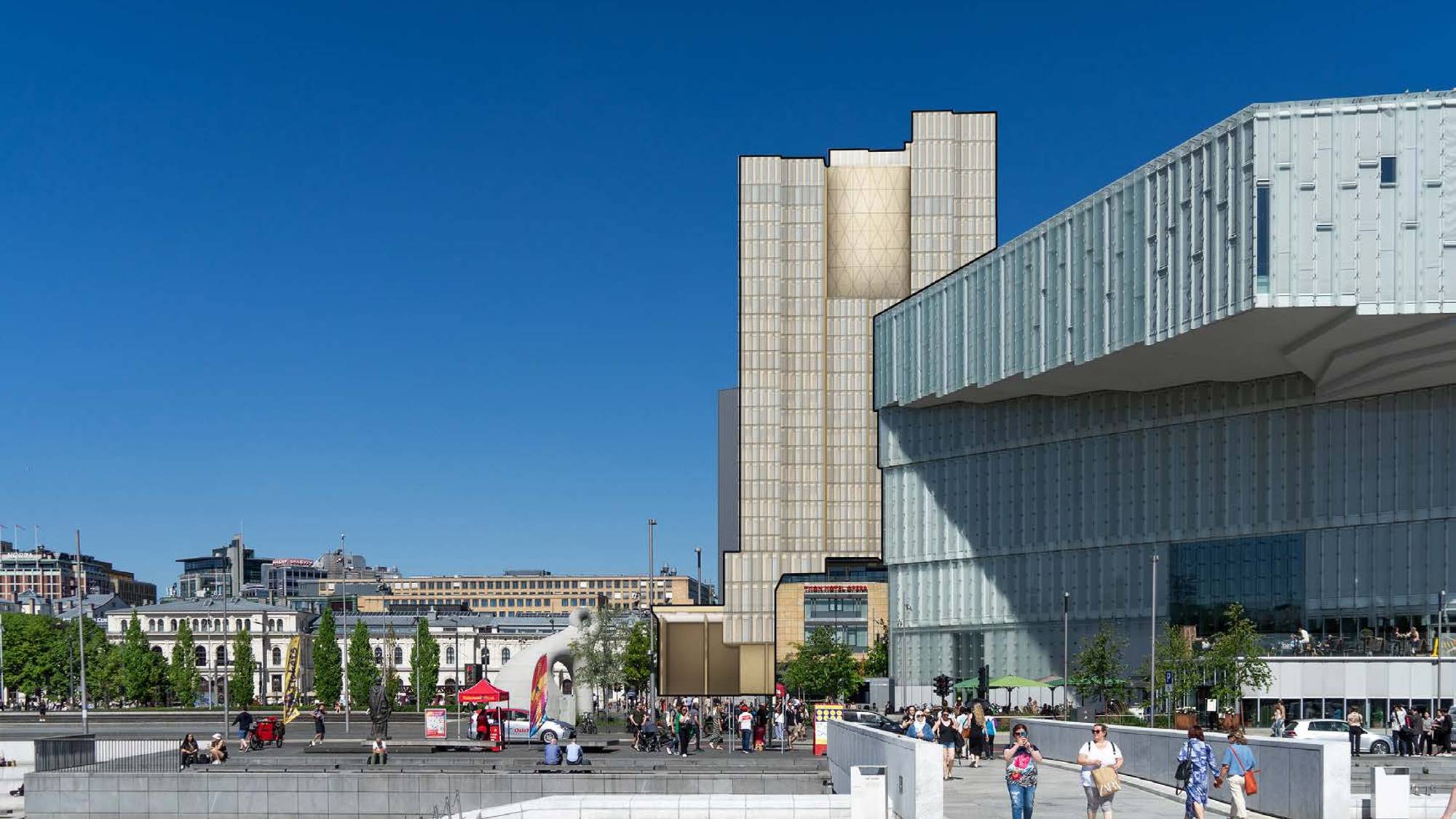 Illustrasjon av høyhus ved Oslo S sett fra operaen.