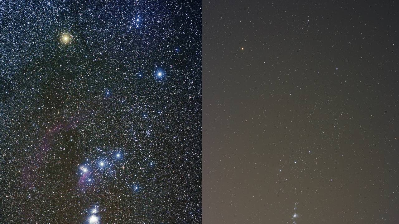 Stjernebildet Orion sett på en mørk himmel (venstre) og lysforurenset himmel (høyre).