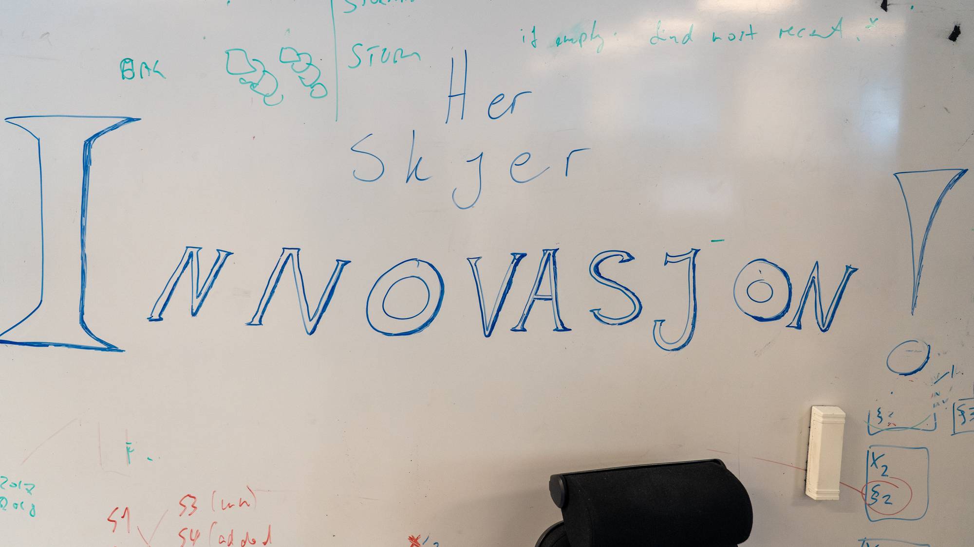 en hvit tavle der det står innovasjon