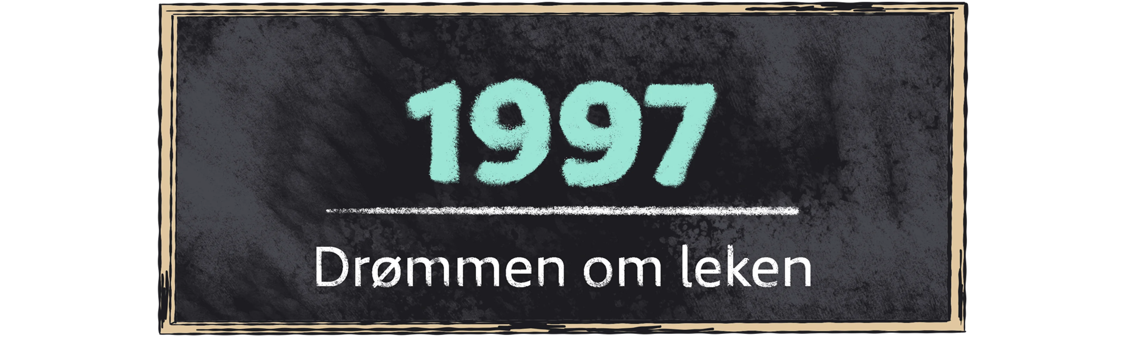 Illustrasjon av en skoletavle med teksten "1997: Drømmen om leken" skrevet med kritt.