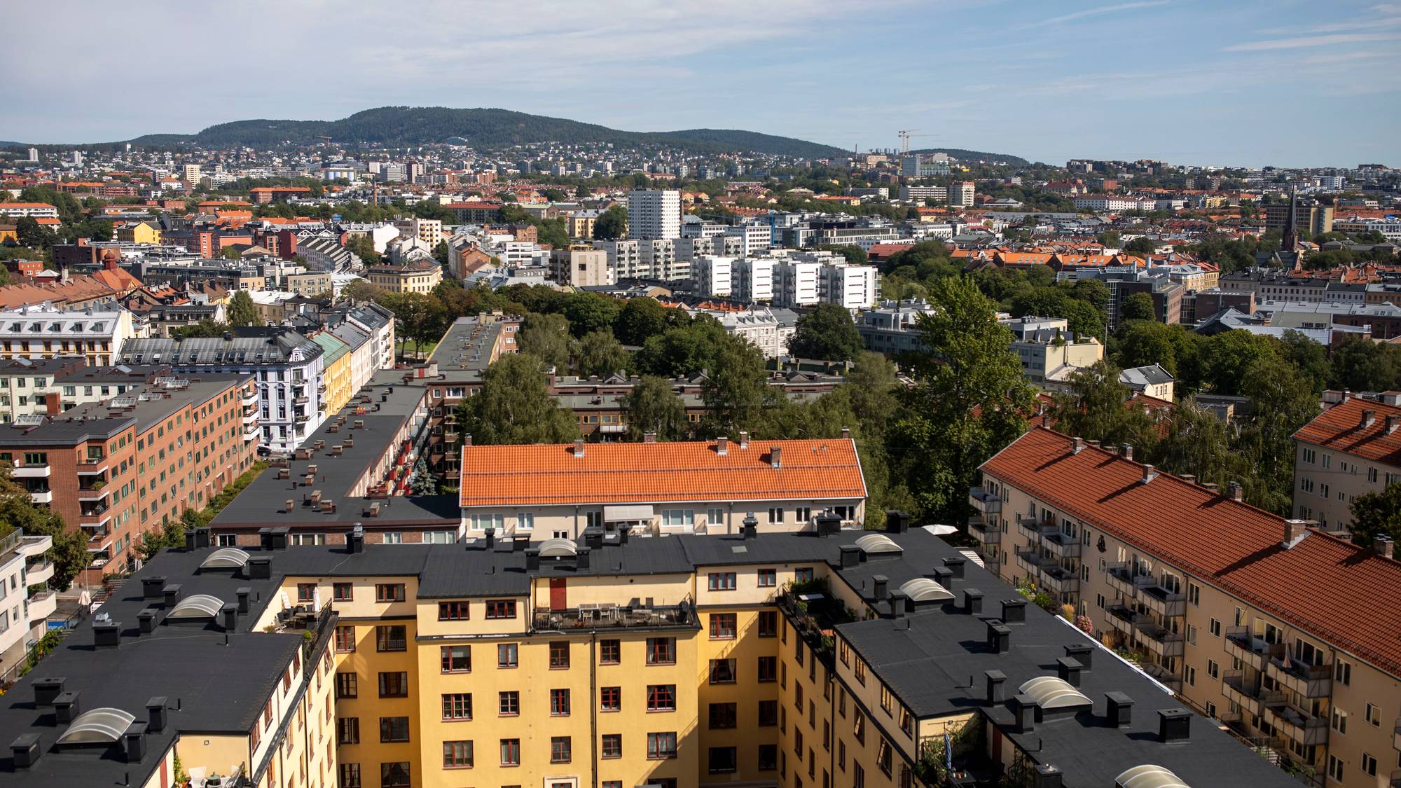 Et høyt utsiktsbilde over en by med mange boligblokker. Landskapet strekker seg mot en fjern åskam under en blå himmel med hvite skyer. Utsikten viser flere hustak med teglstein og takvinduer, samt grønne trær. (Bildebeskrivelsen er laget av en KI-tjeneste)