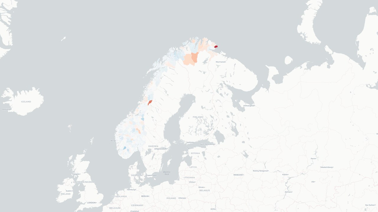 Bevegelsesdata fra Telenor Research tirsdag 10. mars 2020 per kommune (bredde)