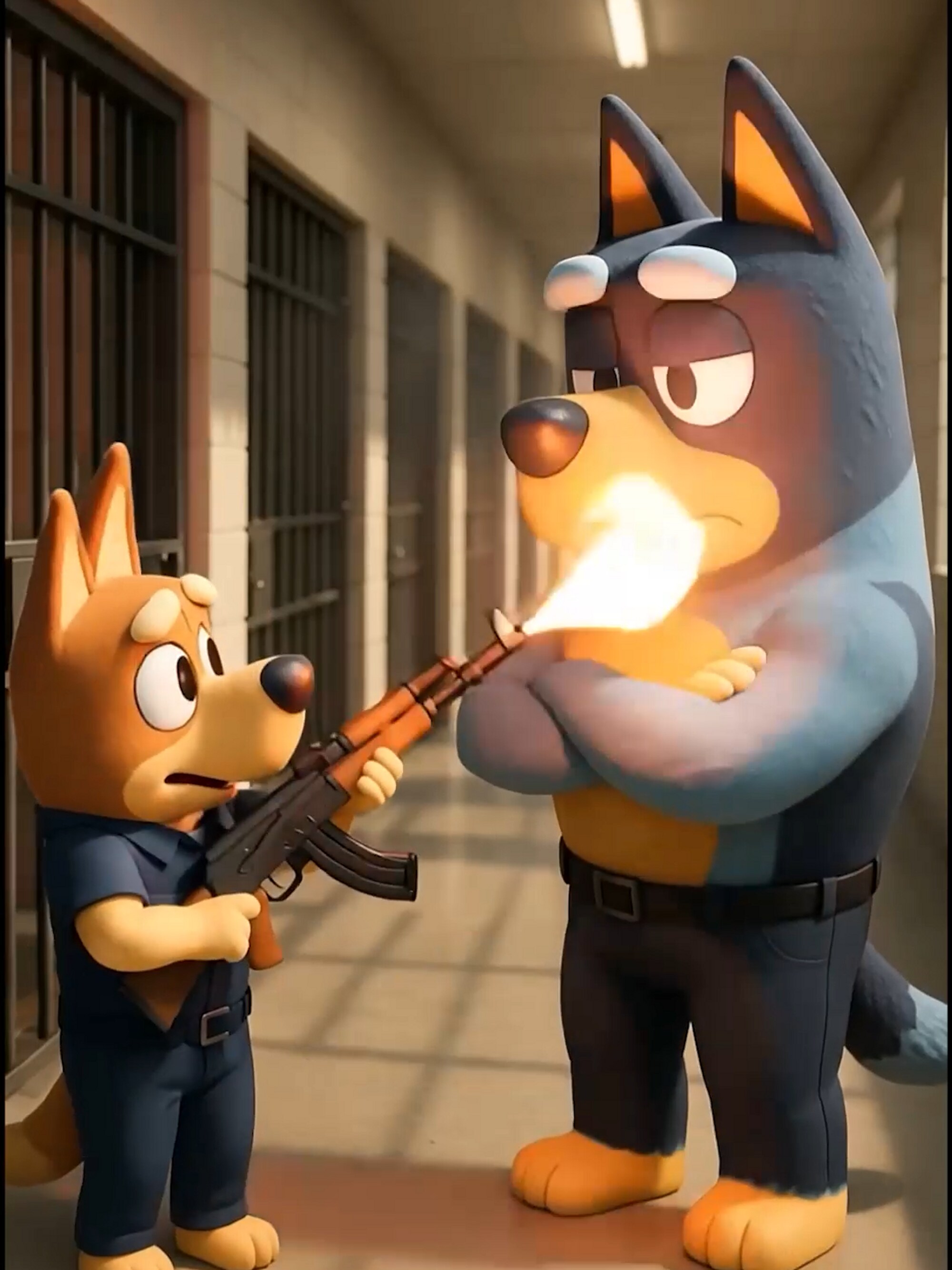 Bilde av Bluey og en annen figur. Bluey blir skutt.