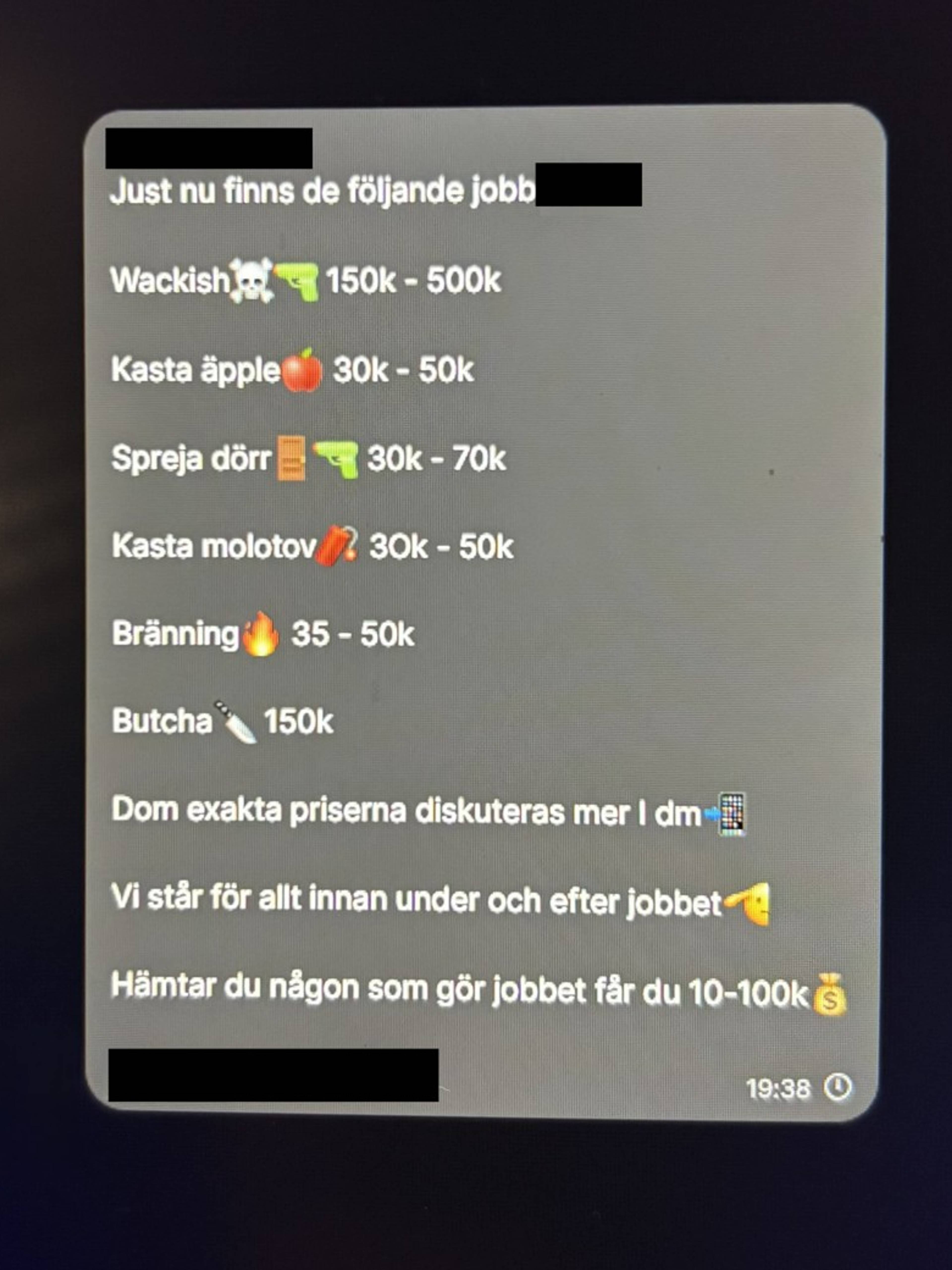 Illustrasjon av en liste med kriminelle oppdrag og tilhørende priser skrevet på svensk.
