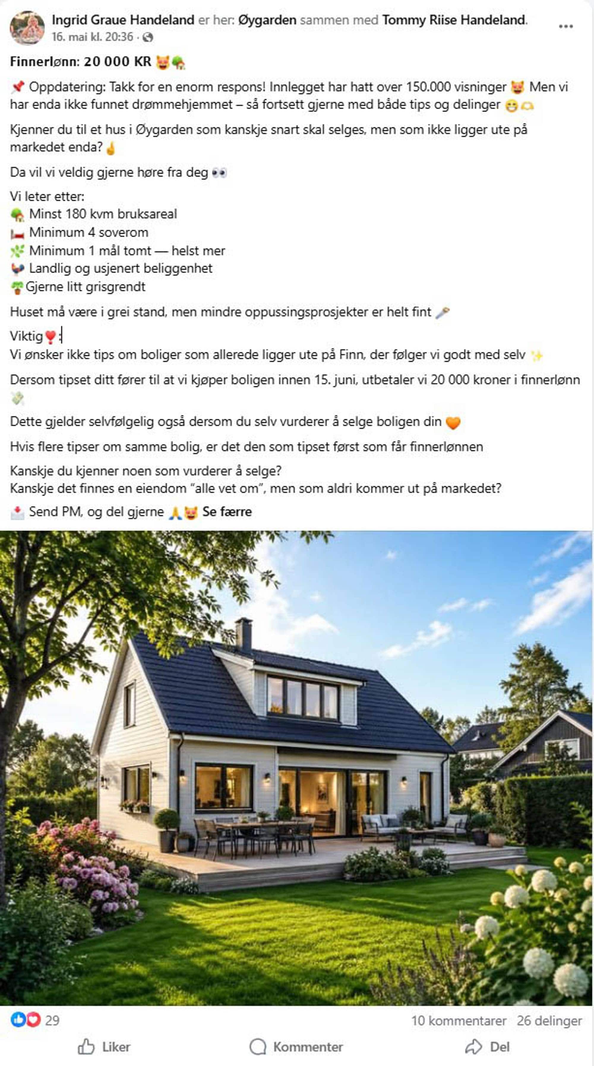 Et bilde av et moderne hvitt hus med en terrasse og en velstelt hage. Innlegget søker tips om boliger til salgs i Øygarden. Den som gir det vinnende tipset, som fører til et salg innen 15. juni, mottar 20 000 kroner i finnerlønn. (Bildebeskrivelsen er laget av en KI-tjeneste)
